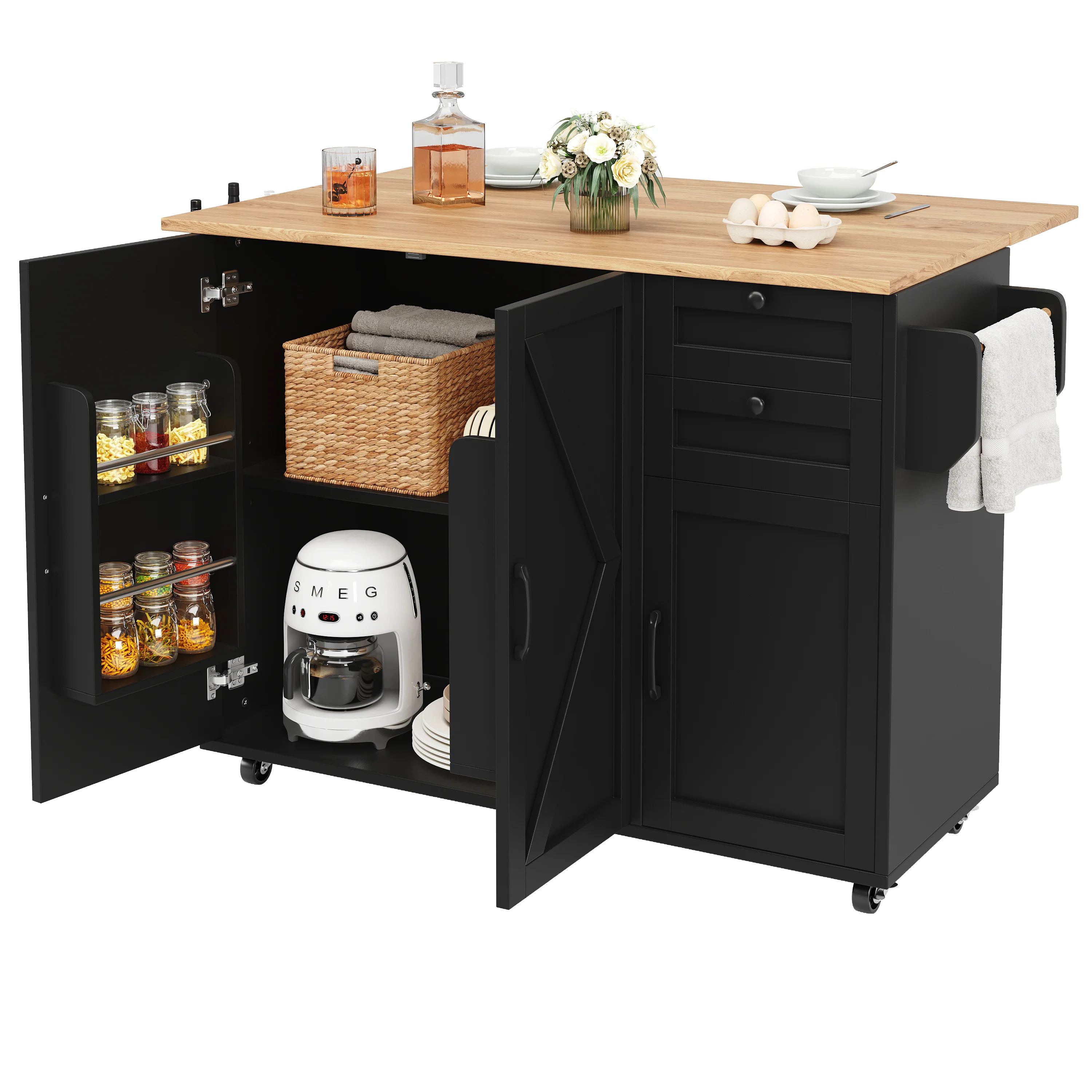 Multifunctional Kitchen Island Dining Table with Storage, Snack Shelves, Wood Grain Black - Image 8