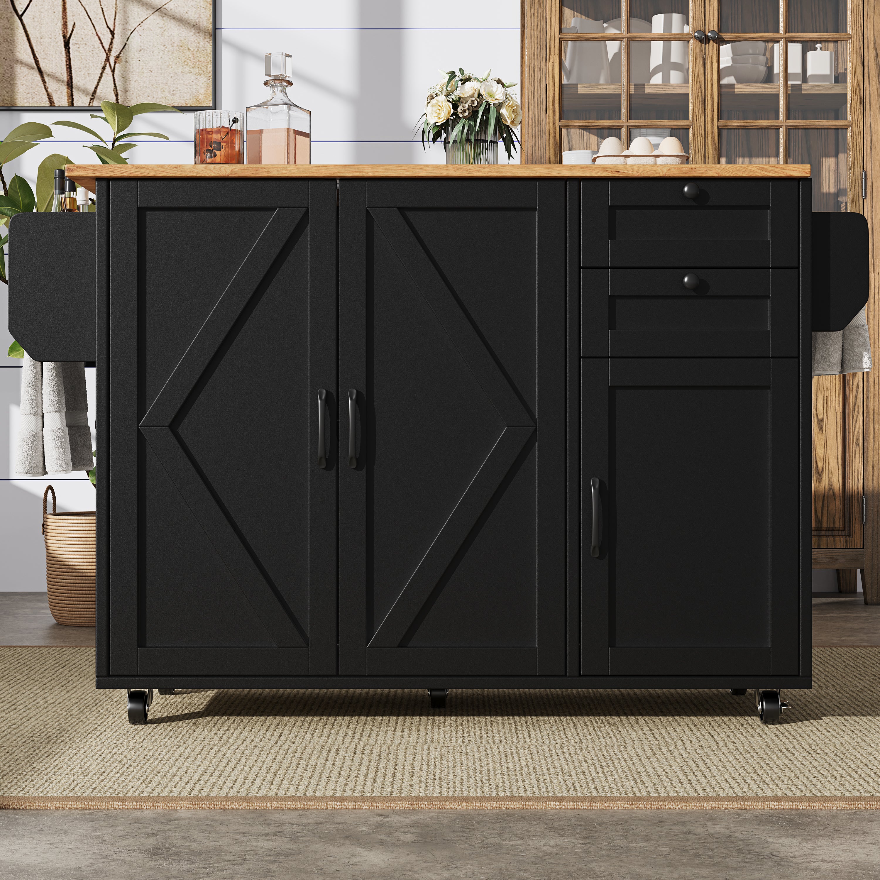 Multifunctional Kitchen Island Dining Table with Storage, Snack Shelves, Wood Grain Black - Image 9