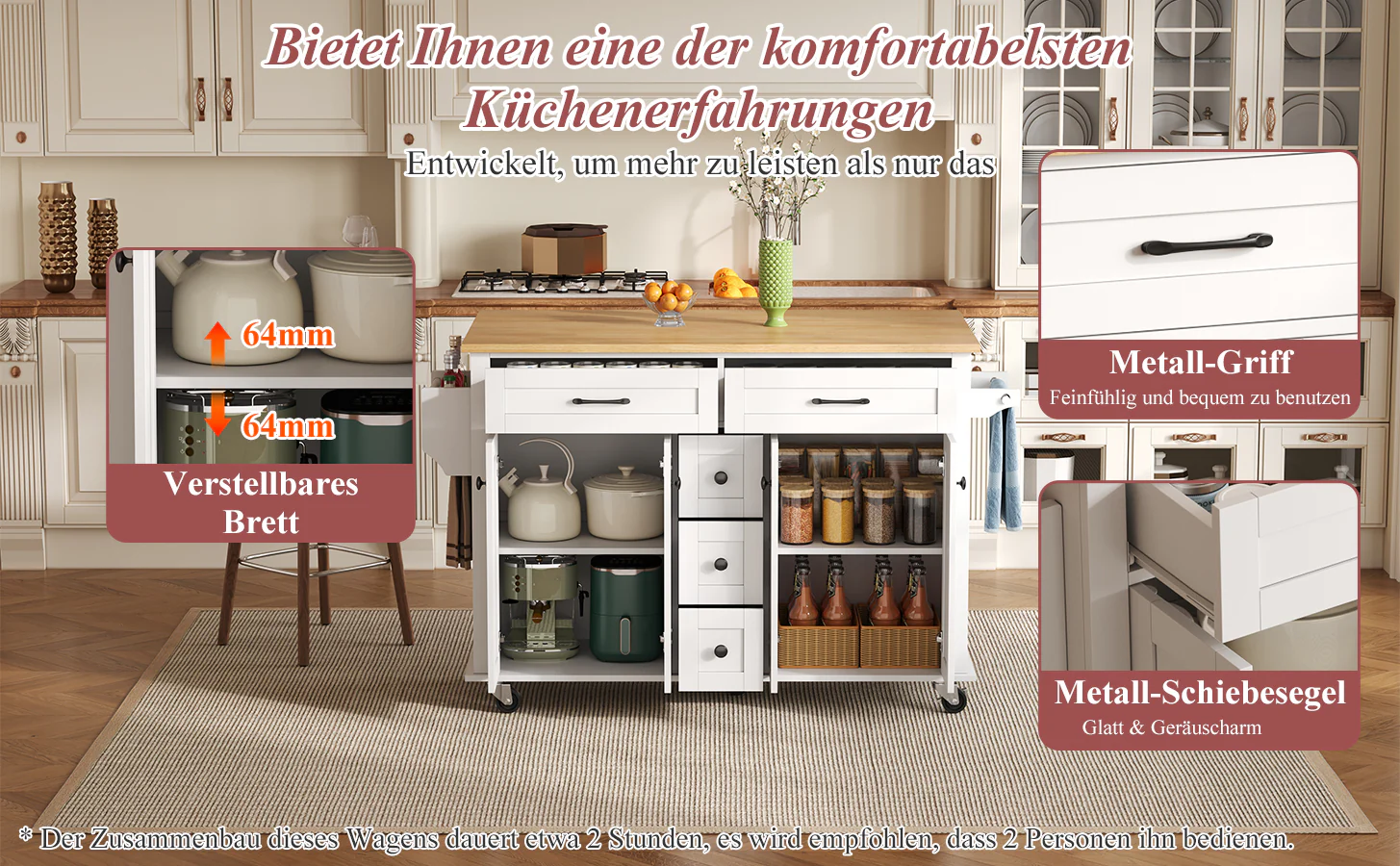 Multifunctional Kitchen Island Extendable Worktop 5 Drawers Storage Racks on Wheels - Image 10
