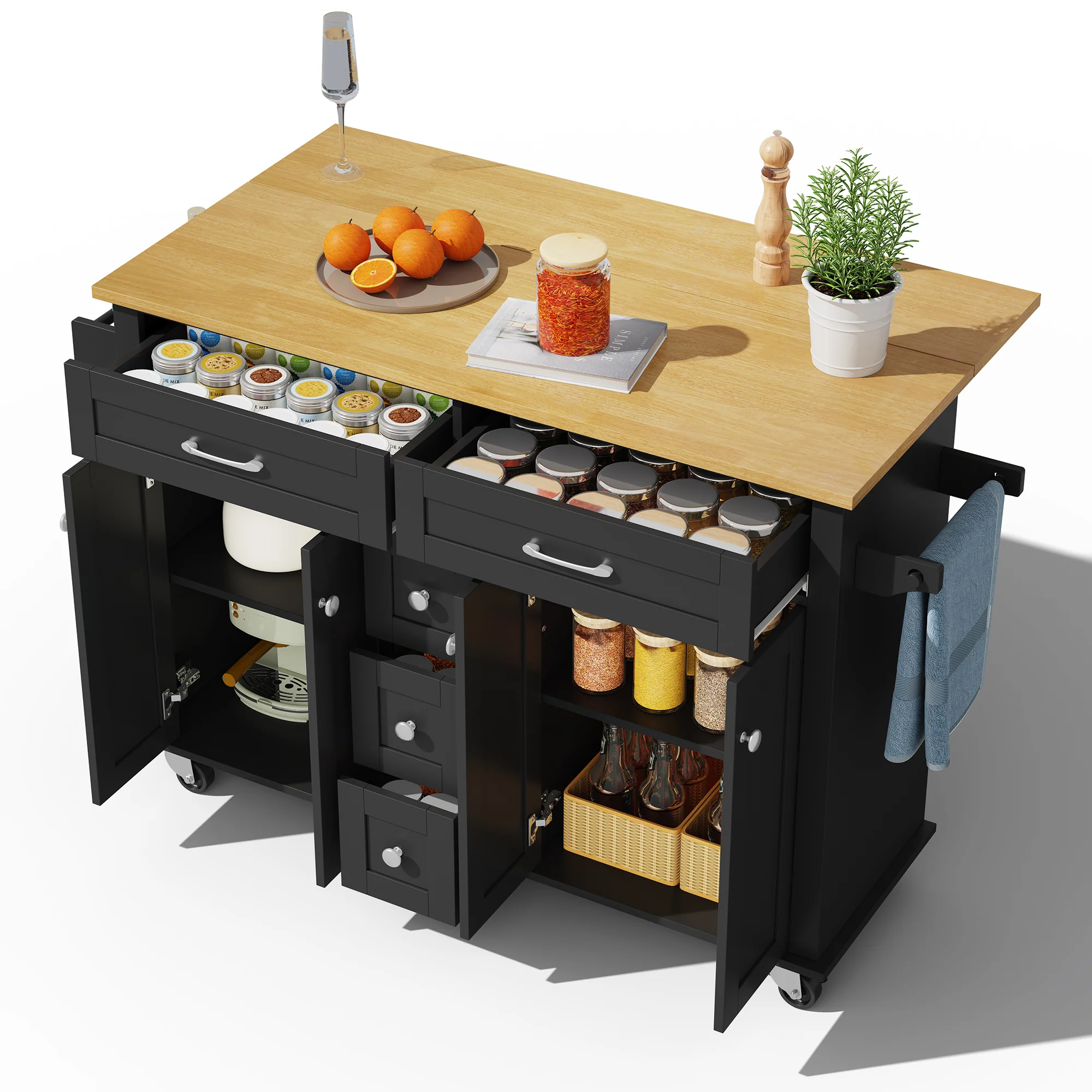 Multifunctional Kitchen Island Mobile Trolley with Extendable Worktop, 5 Drawers & Spice Rack - Image 2