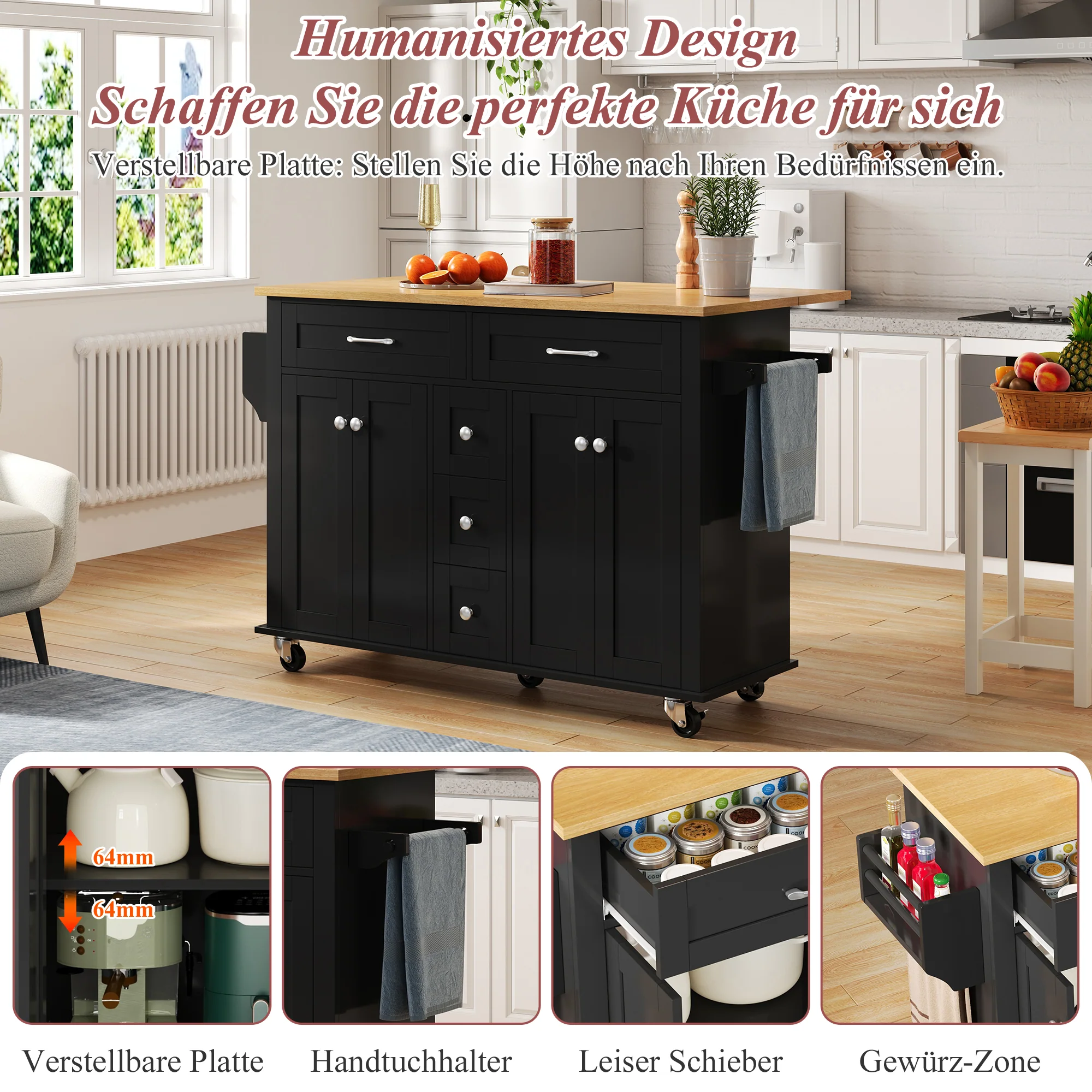 Multifunctional Kitchen Island Mobile Trolley with Extendable Worktop, 5 Drawers & Spice Rack - Image 3