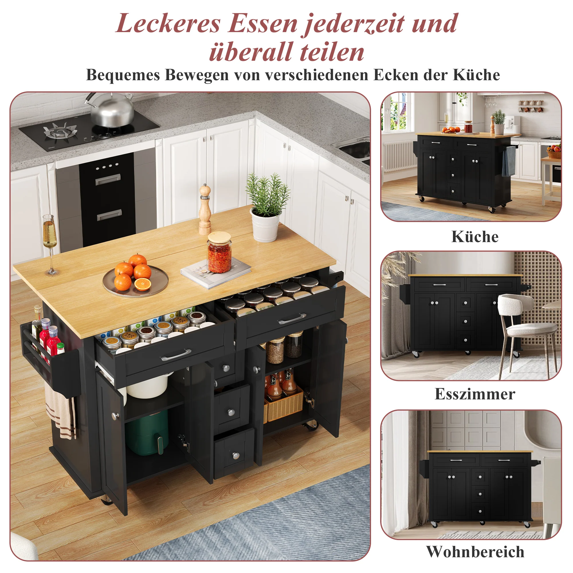 Multifunctional Kitchen Island Mobile Trolley with Extendable Worktop, 5 Drawers & Spice Rack - Image 4