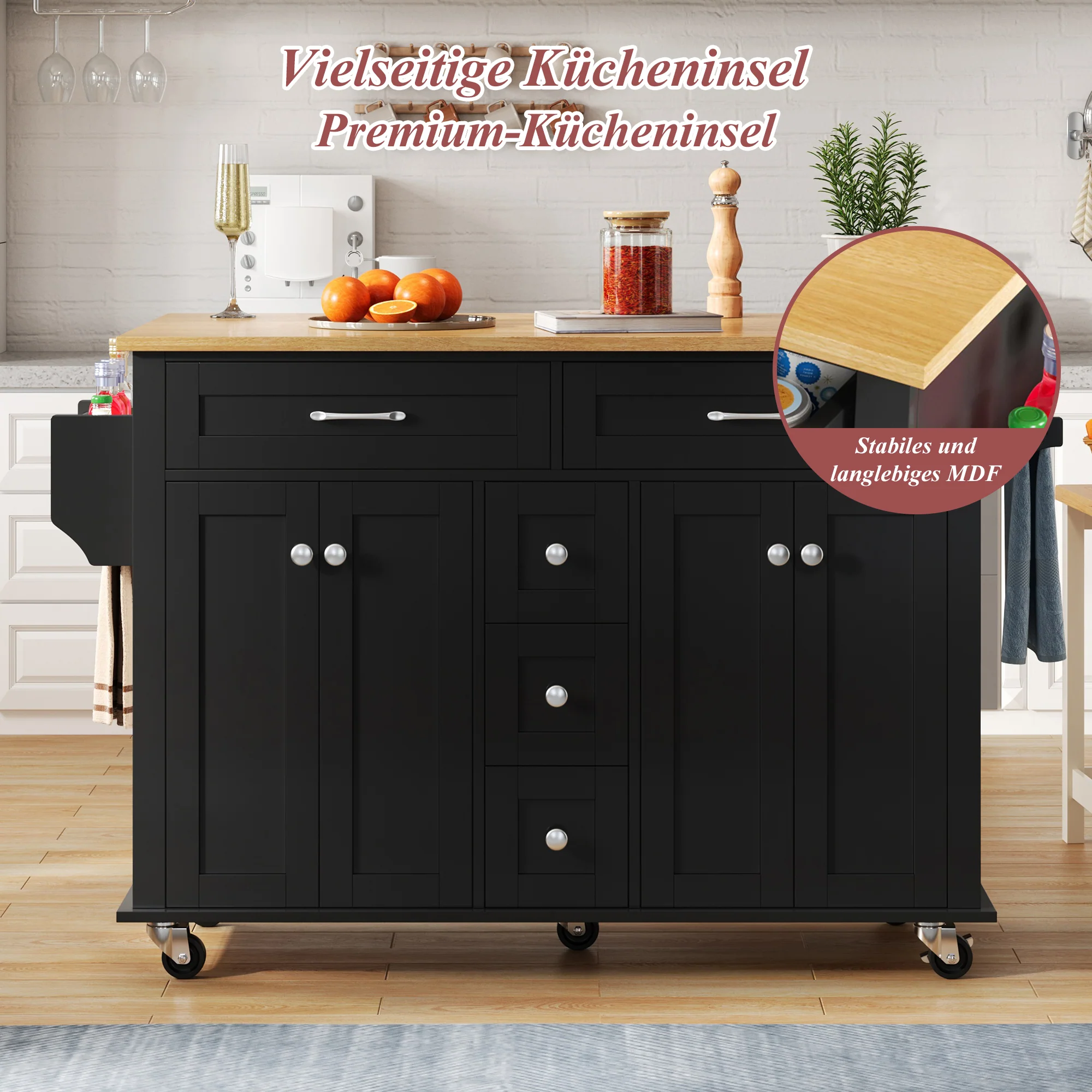 Multifunctional Kitchen Island Mobile Trolley with Extendable Worktop, 5 Drawers & Spice Rack - Image 5