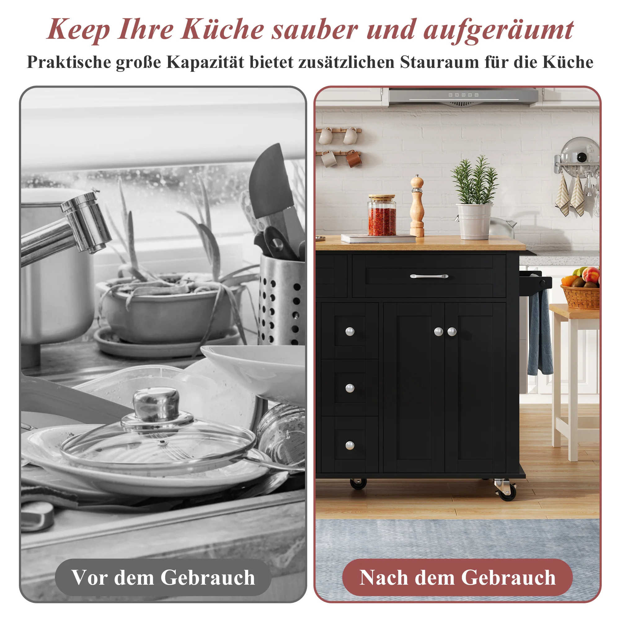 Multifunctional Kitchen Island Mobile Trolley with Extendable Worktop, 5 Drawers & Spice Rack - Image 6