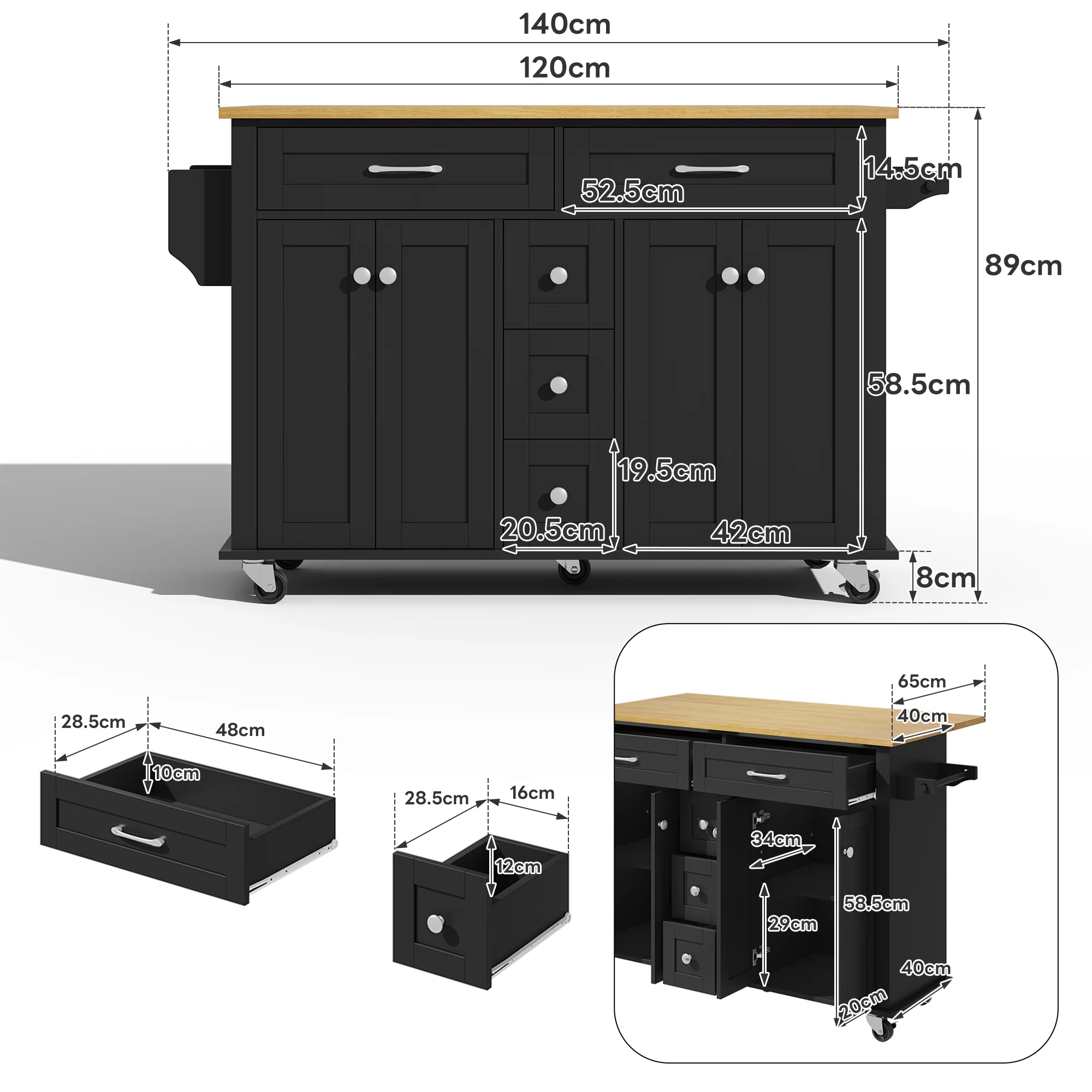 Multifunctional Kitchen Island Mobile Trolley with Extendable Worktop, 5 Drawers & Spice Rack - Image 8