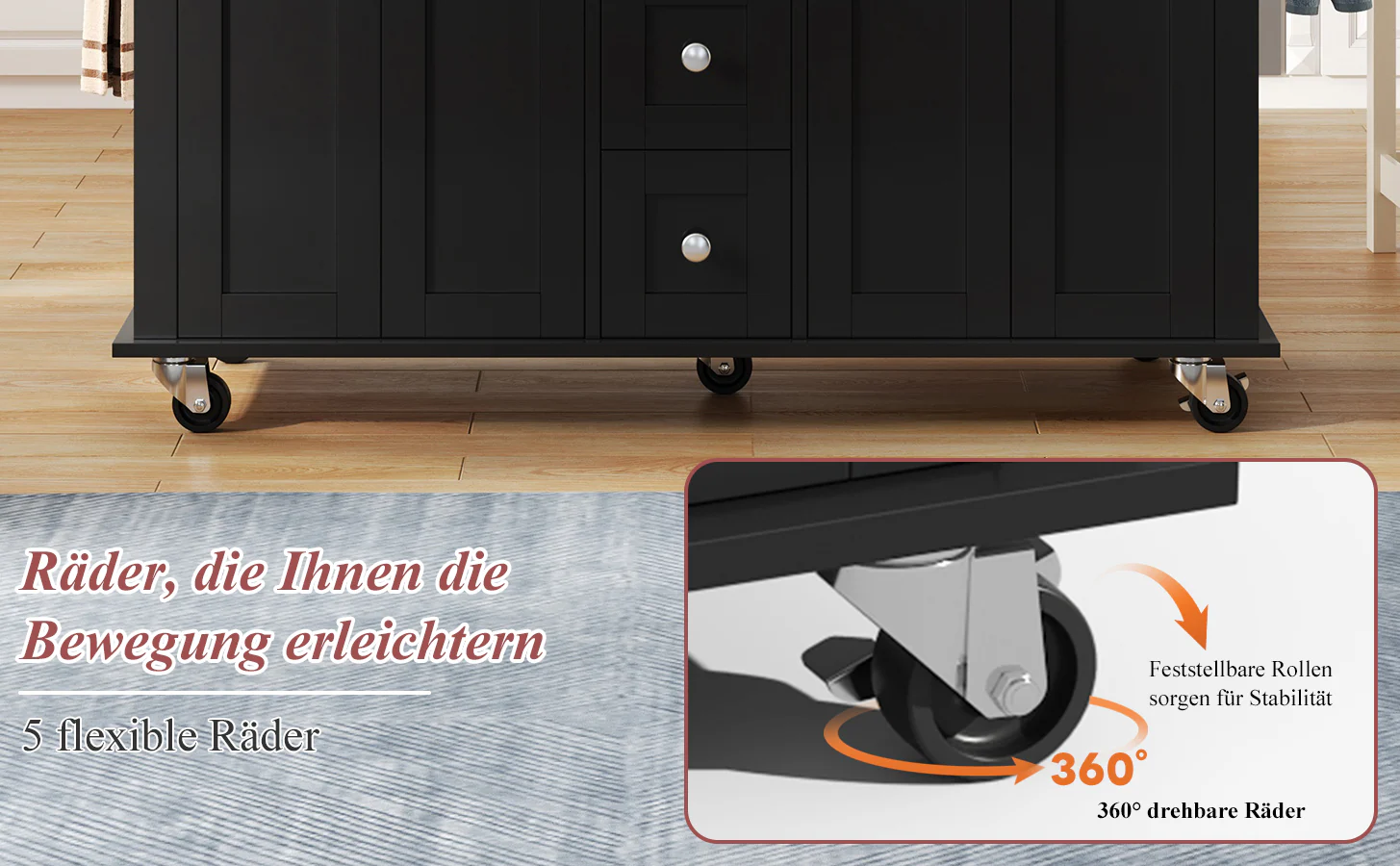 Multifunctional Kitchen Island Mobile Trolley with Extendable Worktop, 5 Drawers & Spice Rack - Image 9