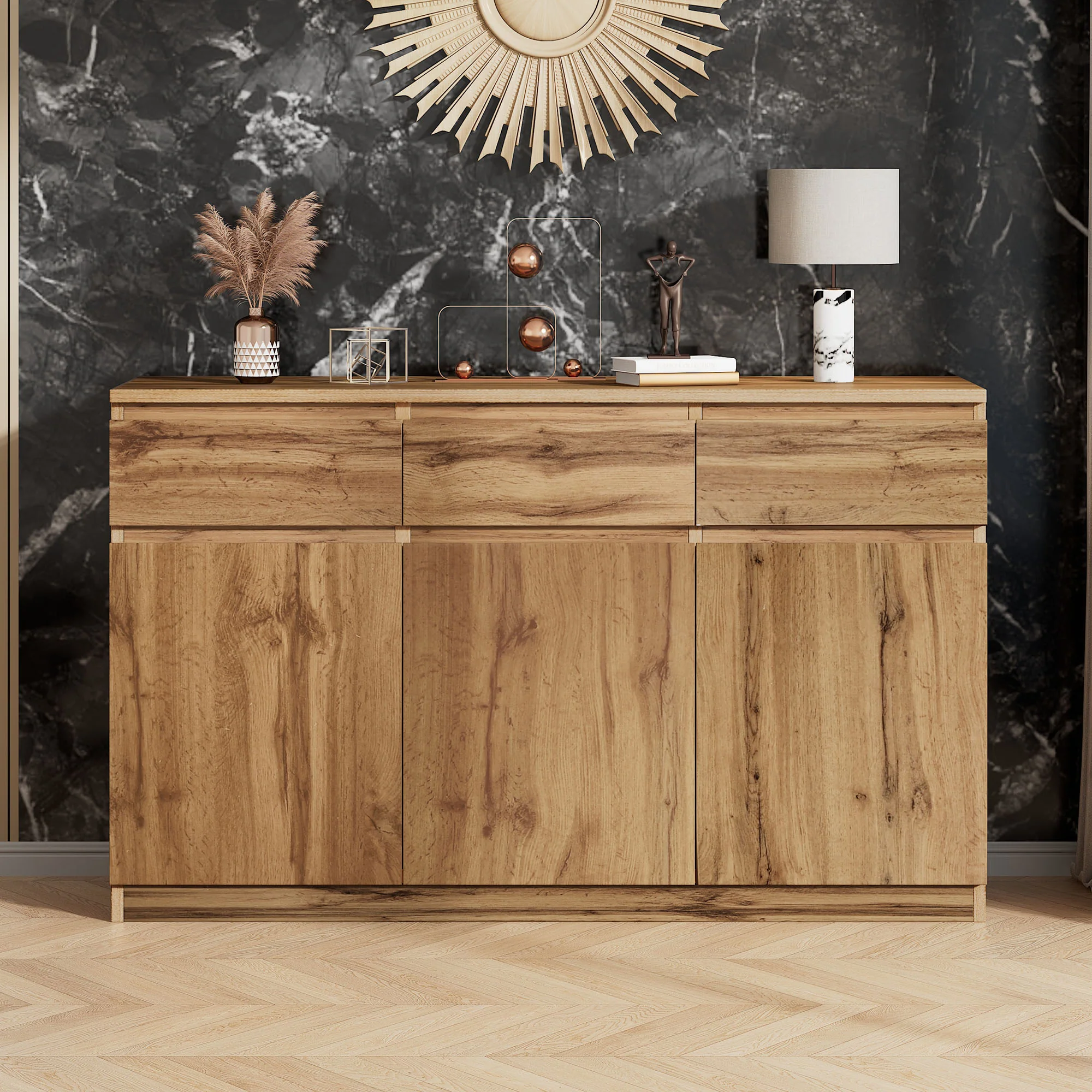 Multifunctional Sideboard 3 Doors 3 Drawers 135x40x81cm - Authentic Wood Look - Image 2
