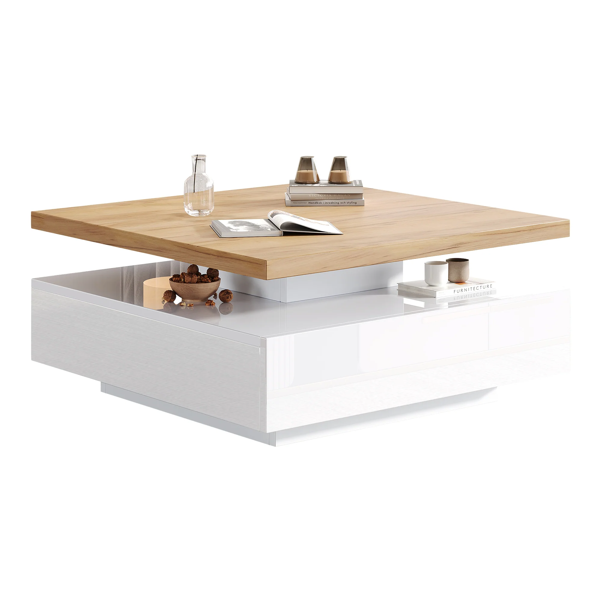 Multifunctional Swivel Coffee Table with Storage, White and Walnut - Image 10