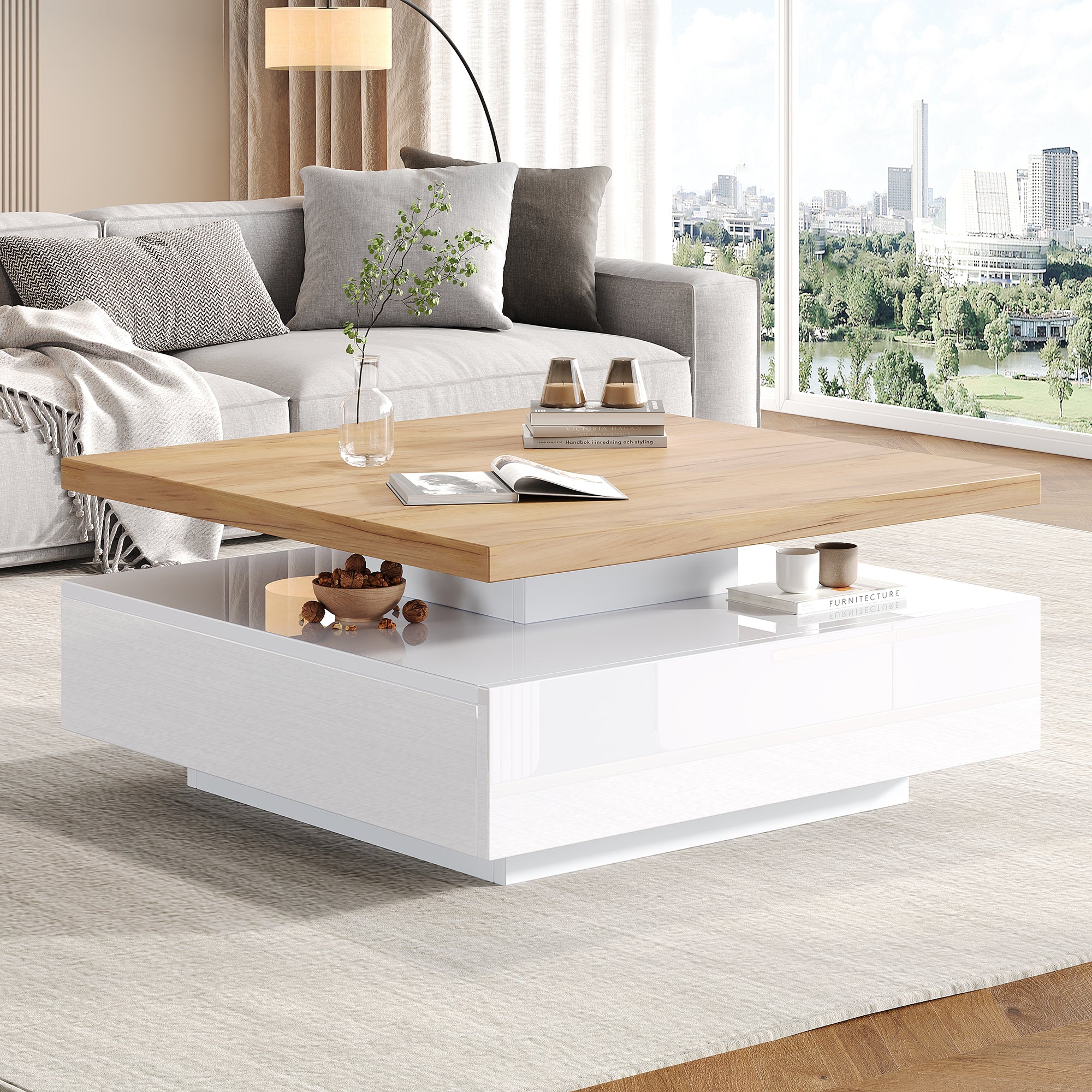 Multifunctional Swivel Coffee Table with Storage, White and Walnut - Image 2