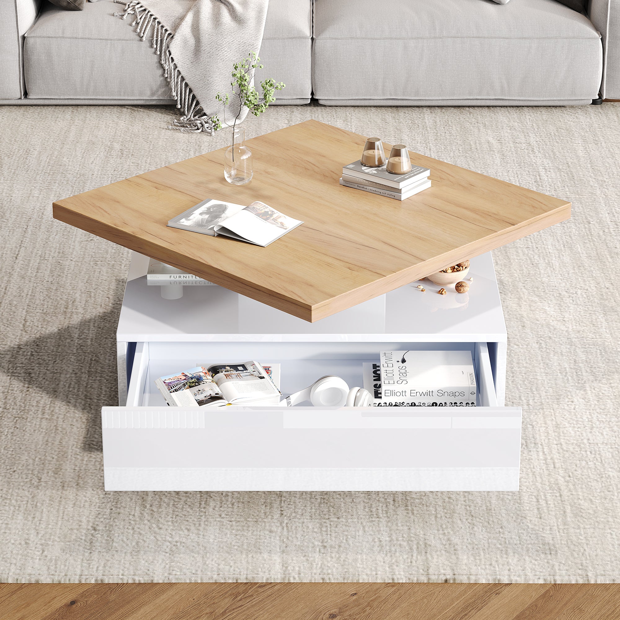 Multifunctional Swivel Coffee Table with Storage, White and Walnut - Image 3