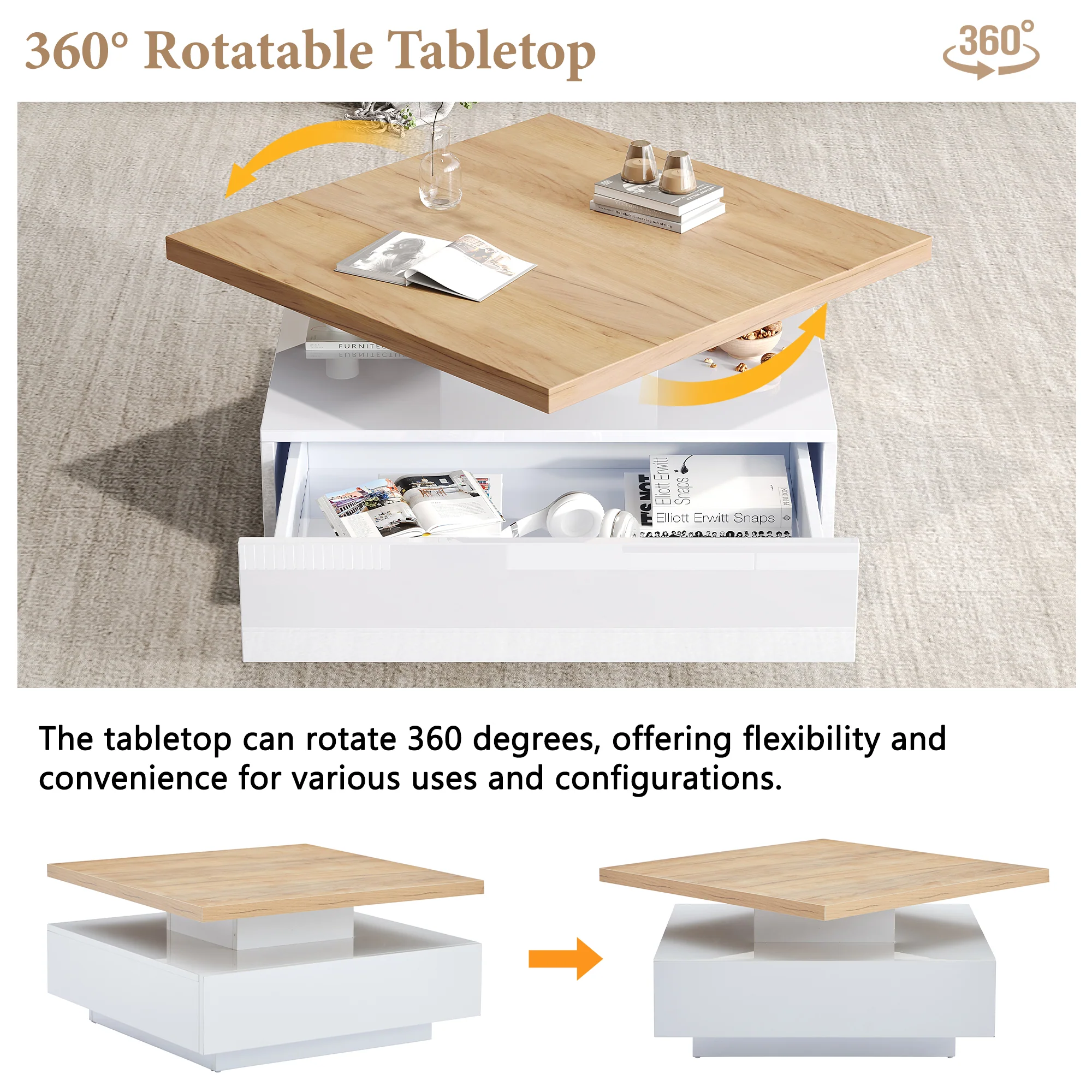 Multifunctional Swivel Coffee Table with Storage, White and Walnut - Image 4