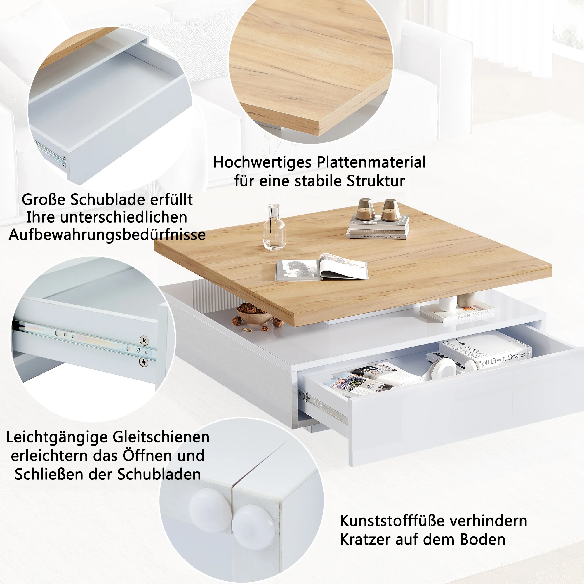 Multifunctional Swivel Coffee Table with Storage, White and Walnut - Image 5