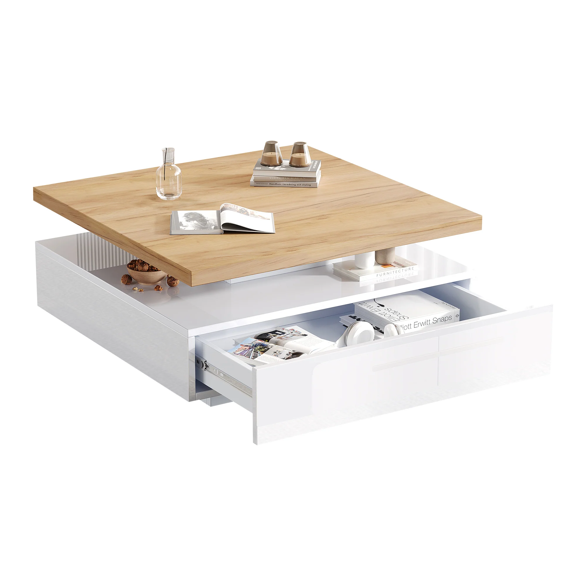 Multifunctional Swivel Coffee Table with Storage, White and Walnut - Image 8