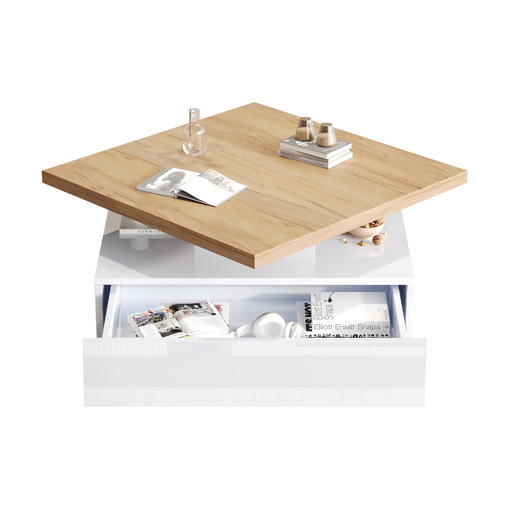 Multifunctional Swivel Coffee Table with Storage, White and Walnut - Image 9