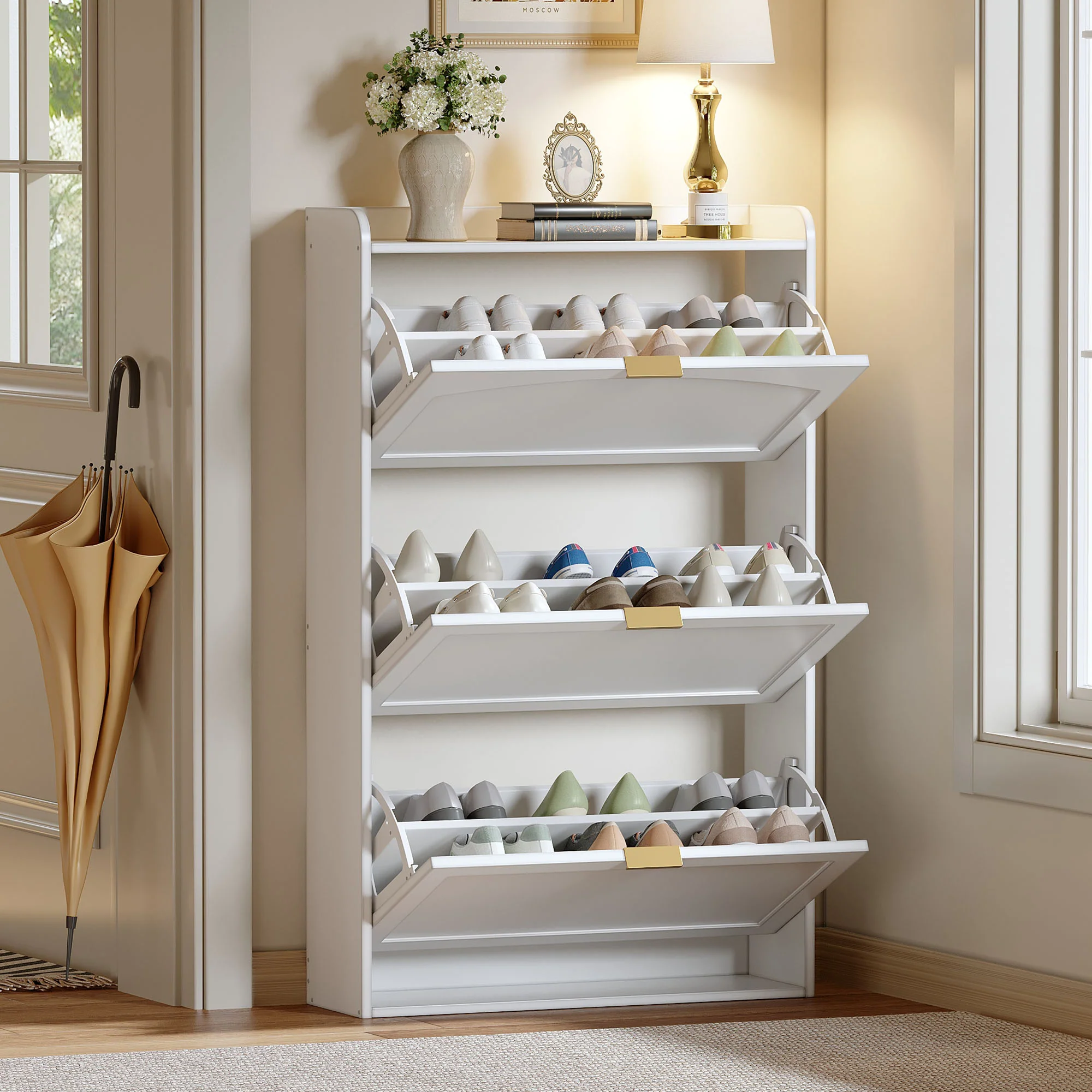 Narrow Shoe Cabinet 3 Flaps 76x23x118cm - White