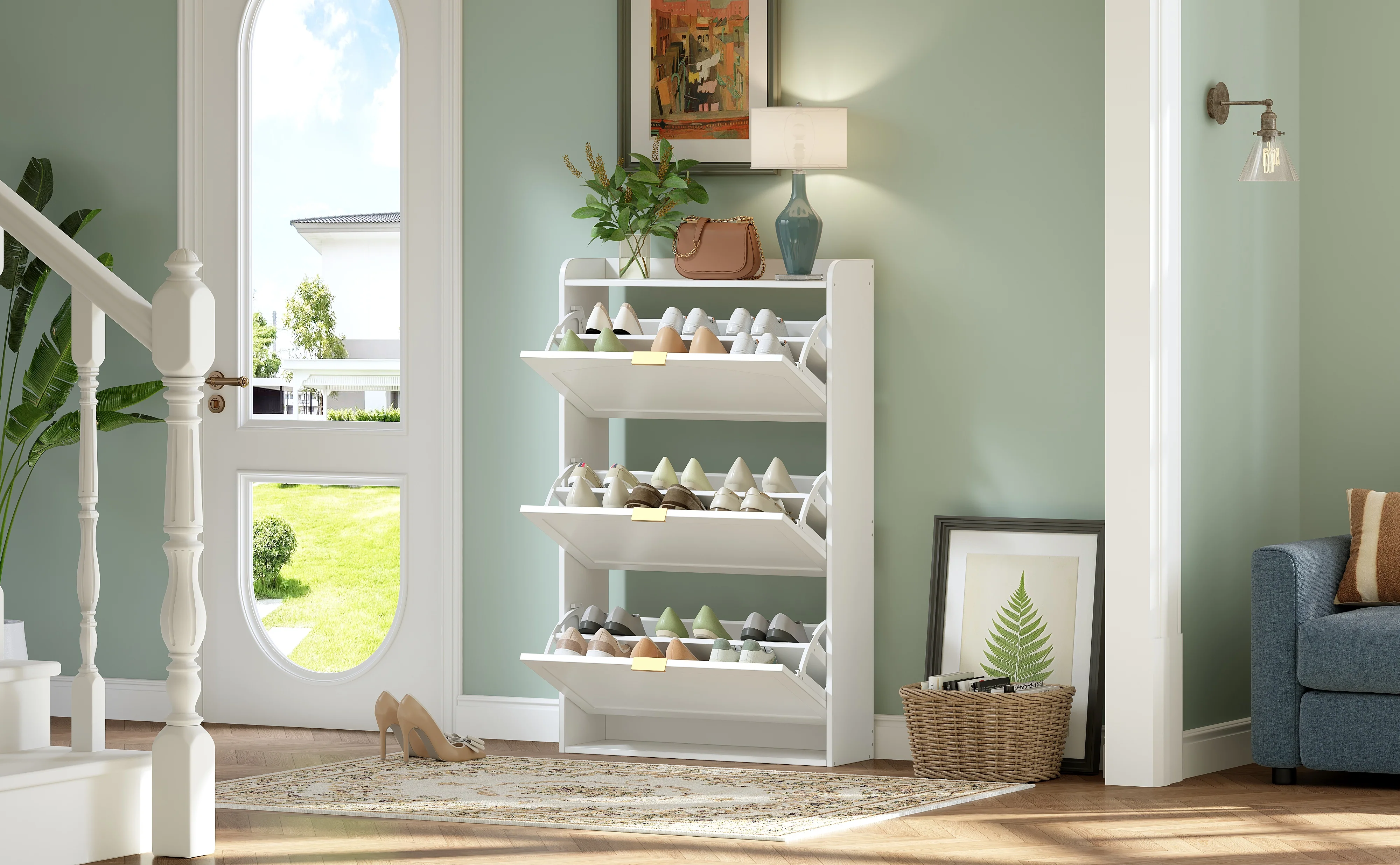 Narrow Shoe Cabinet 3 Flaps 76x23x118cm - White - Image 10