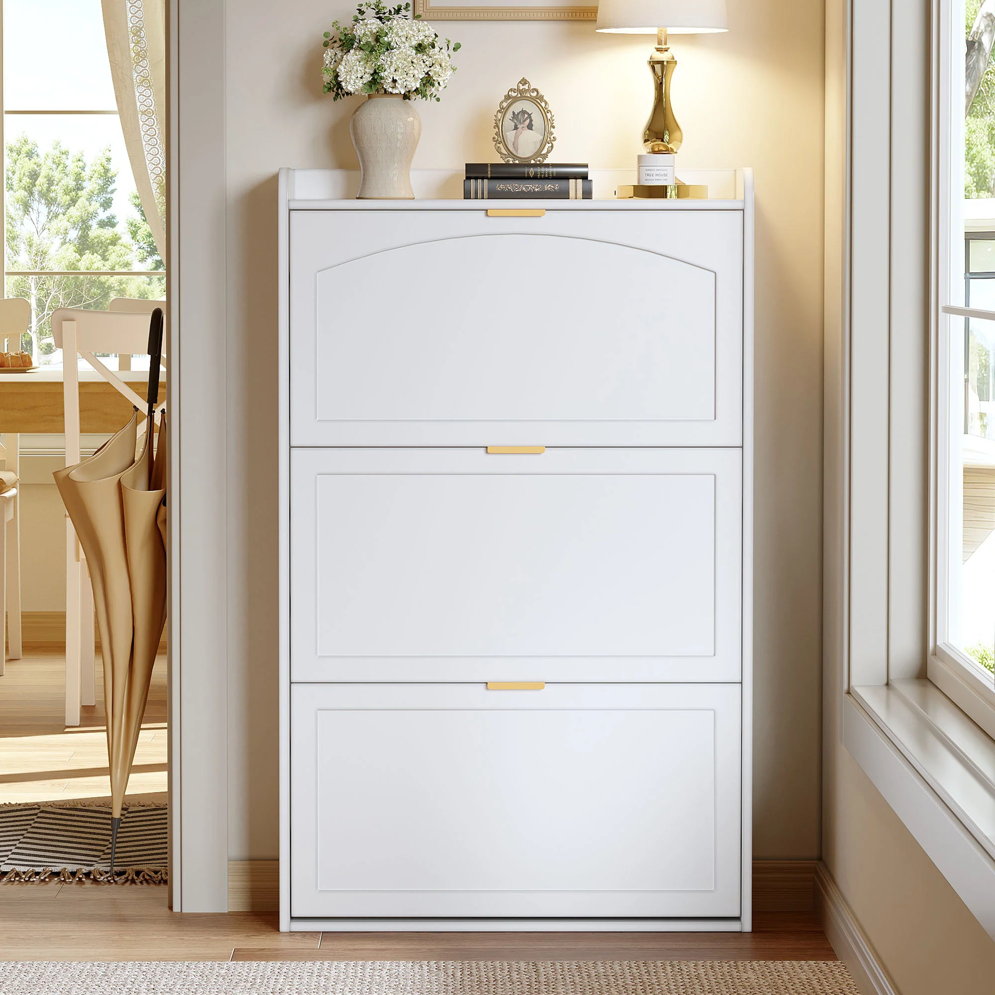 Narrow Shoe Cabinet 3 Flaps 76x23x118cm - White - Image 2