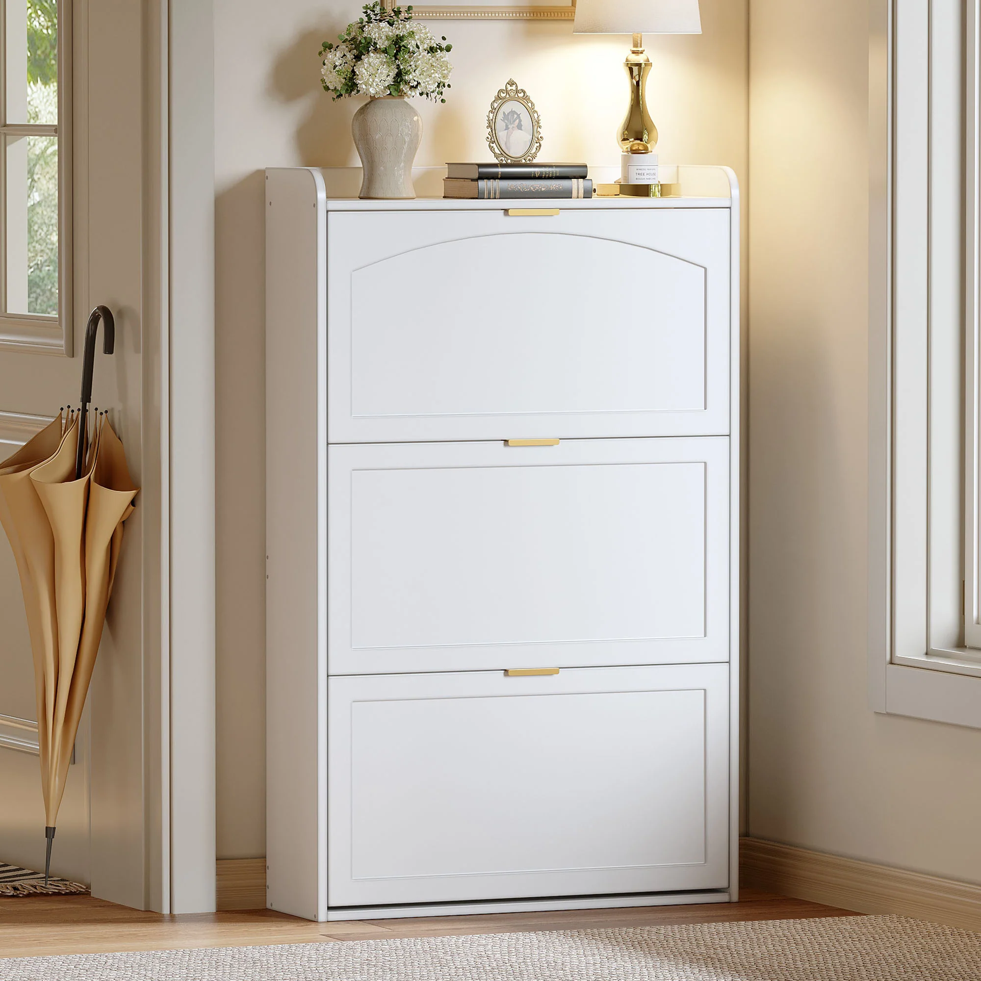Narrow Shoe Cabinet 3 Flaps 76x23x118cm - White - Image 3