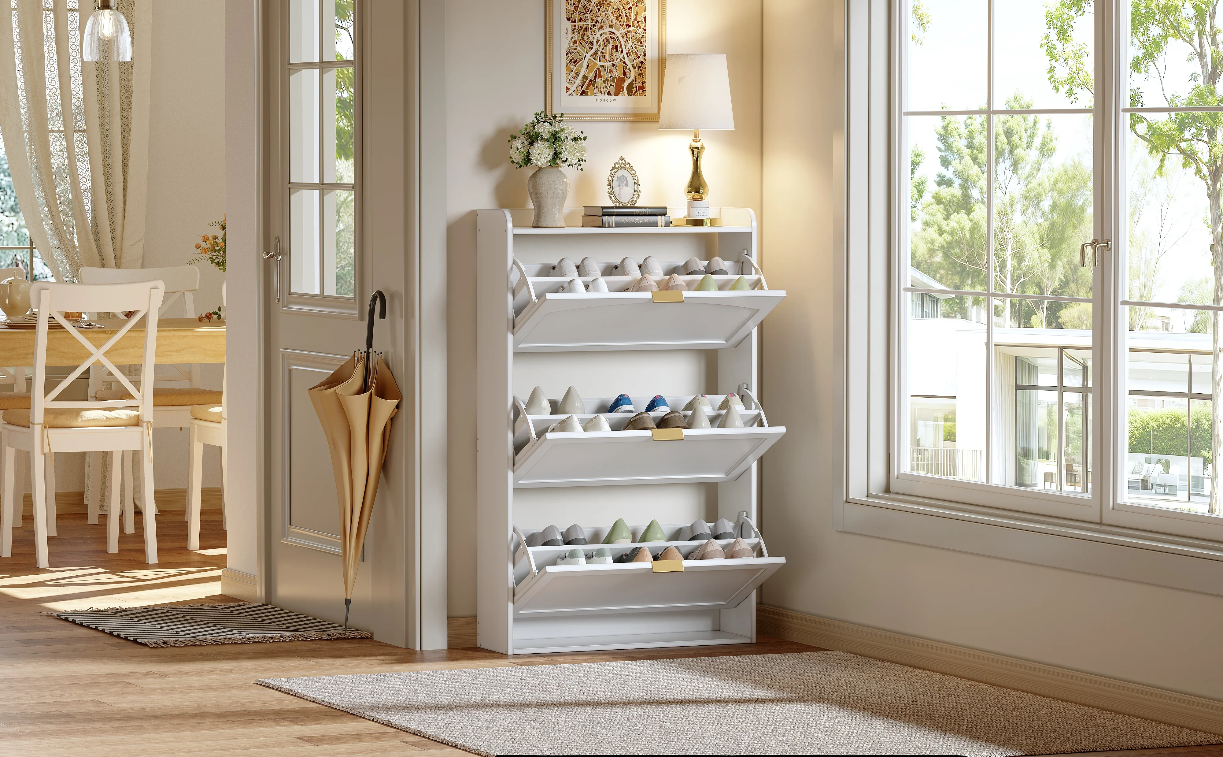 Narrow Shoe Cabinet 3 Flaps 76x23x118cm - White - Image 4