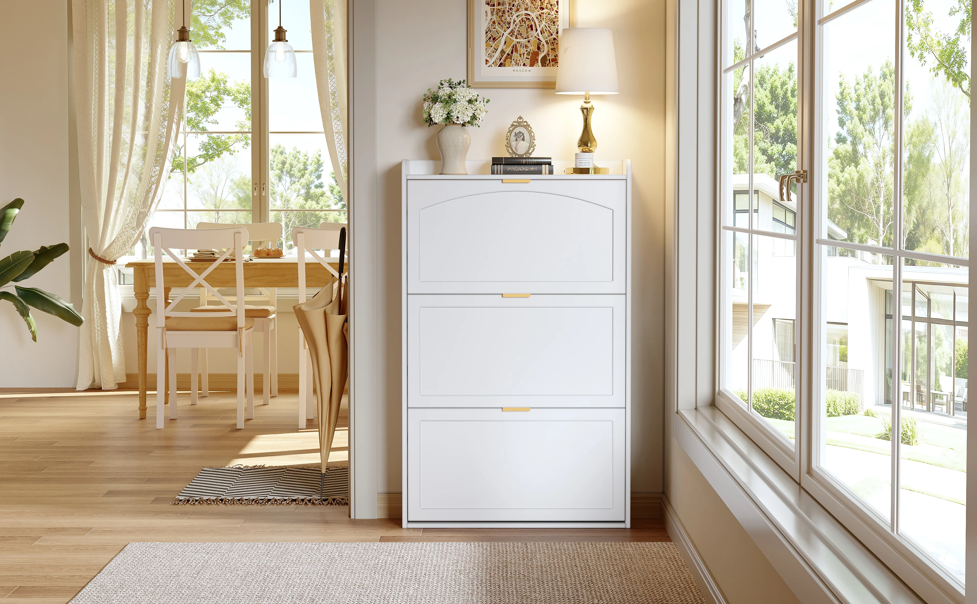 Narrow Shoe Cabinet 3 Flaps 76x23x118cm - White - Image 5