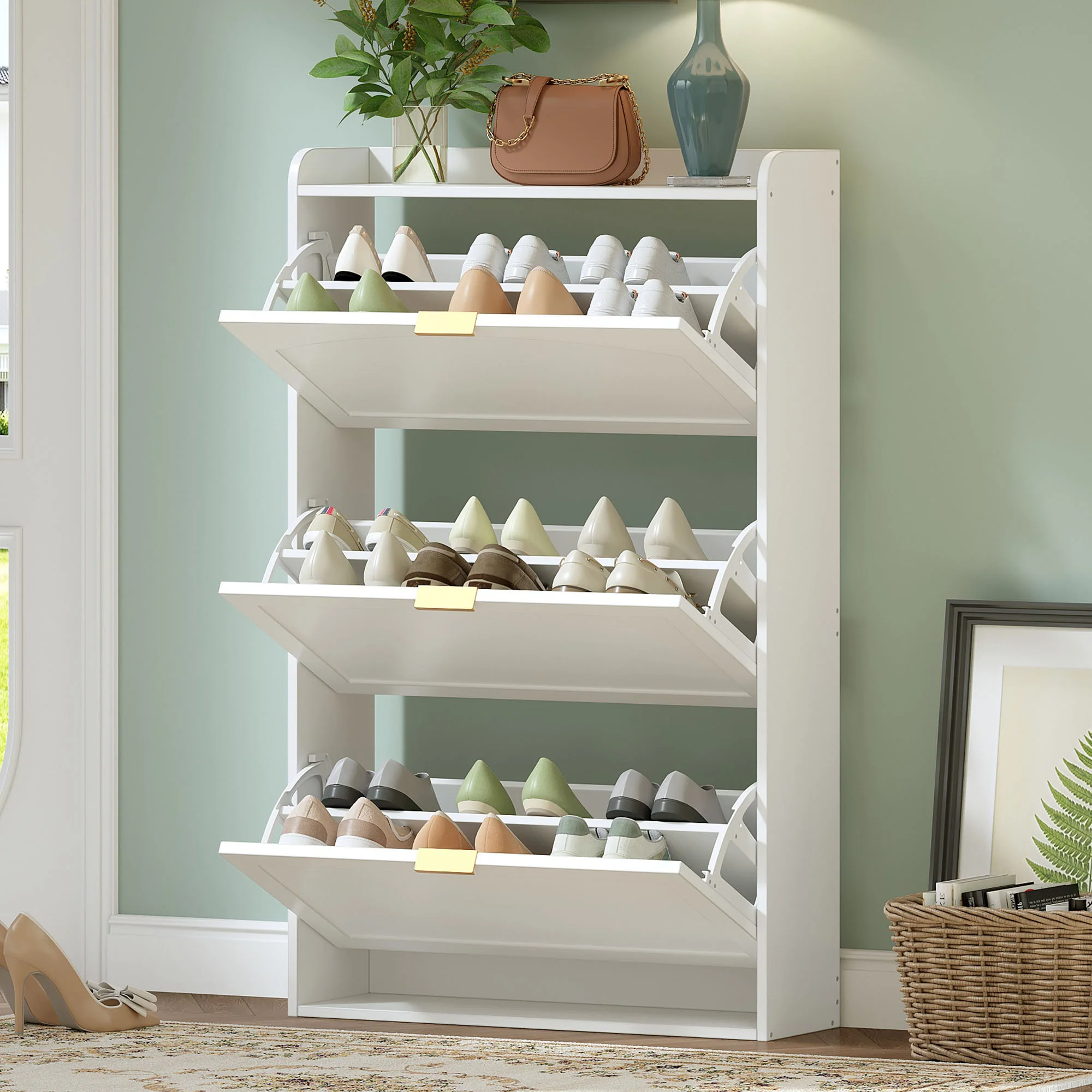 Narrow Shoe Cabinet 3 Flaps 76x23x118cm - White - Image 6