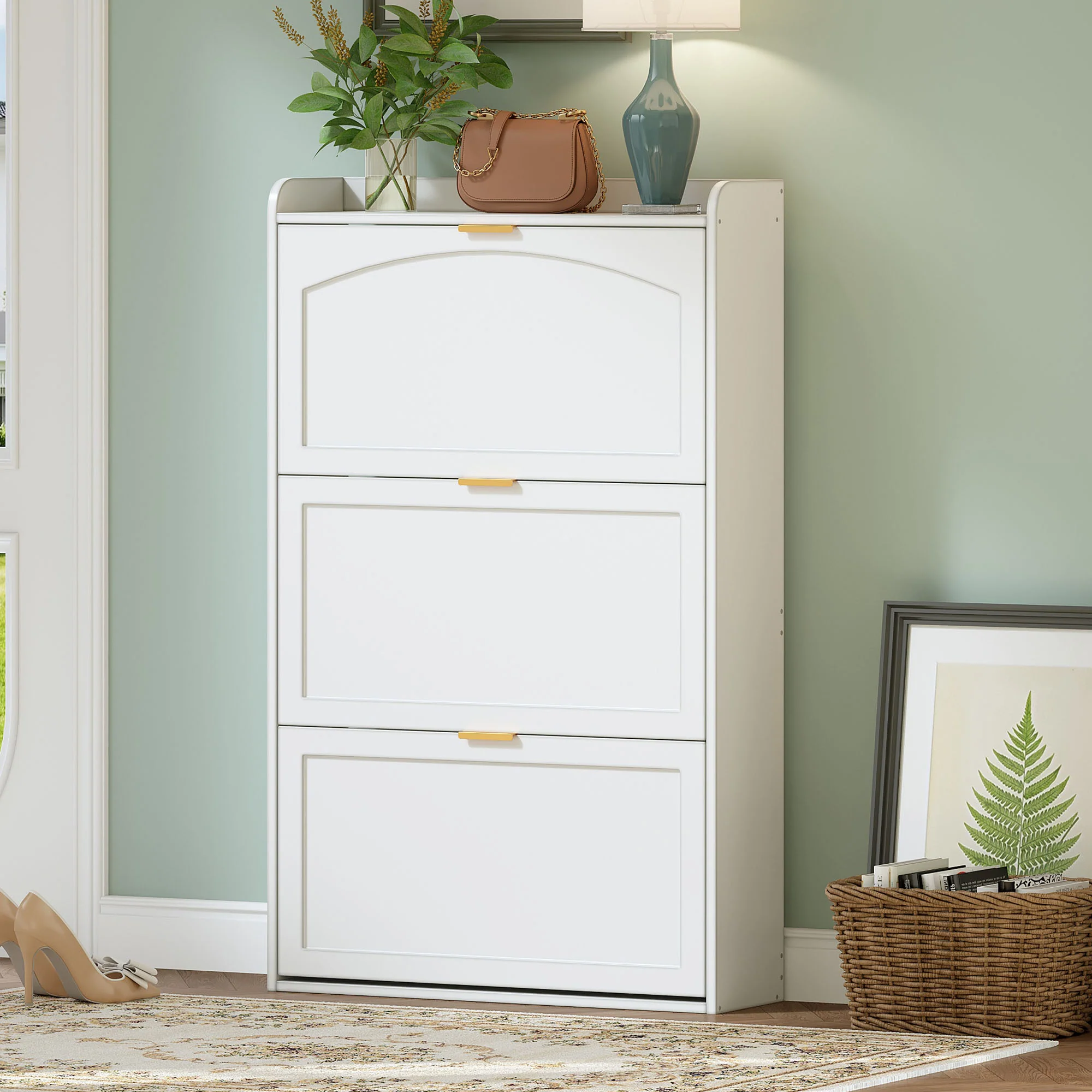 Narrow Shoe Cabinet 3 Flaps 76x23x118cm - White - Image 7