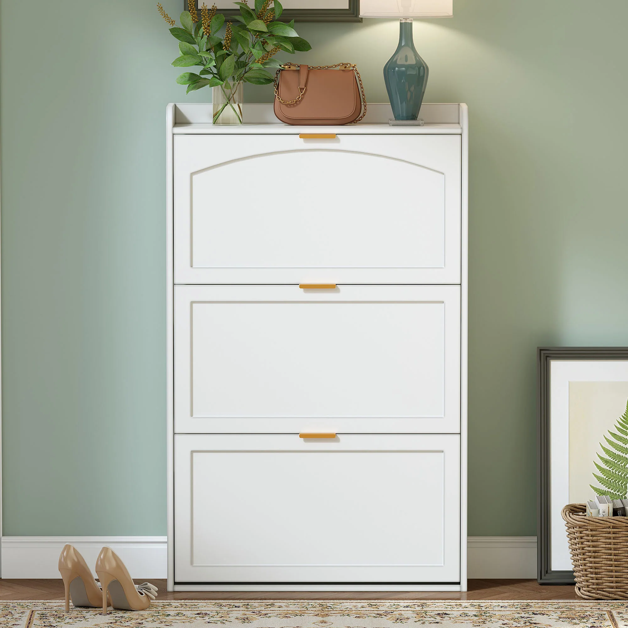 Narrow Shoe Cabinet 3 Flaps 76x23x118cm - White - Image 8