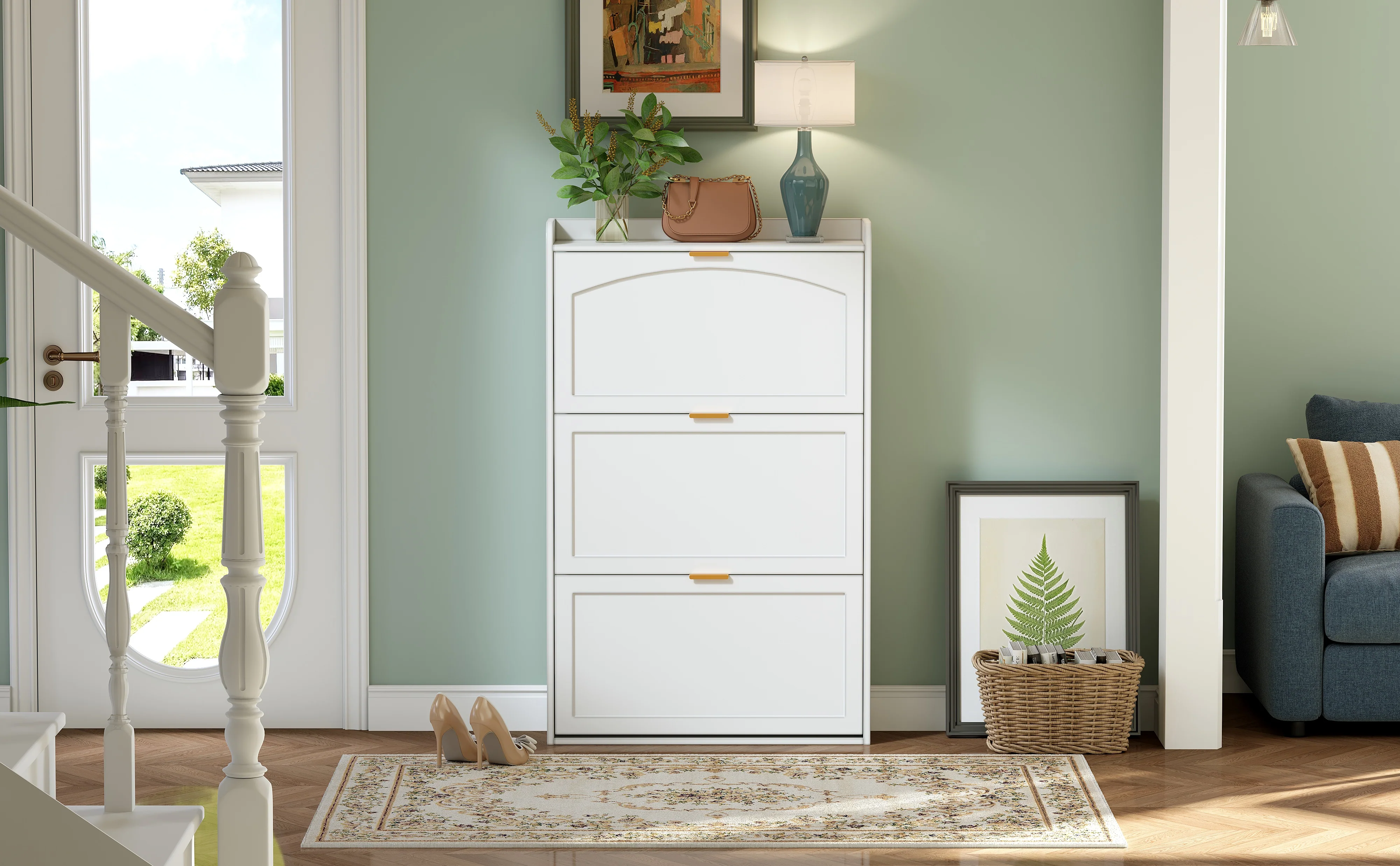 Narrow Shoe Cabinet 3 Flaps 76x23x118cm - White - Image 9