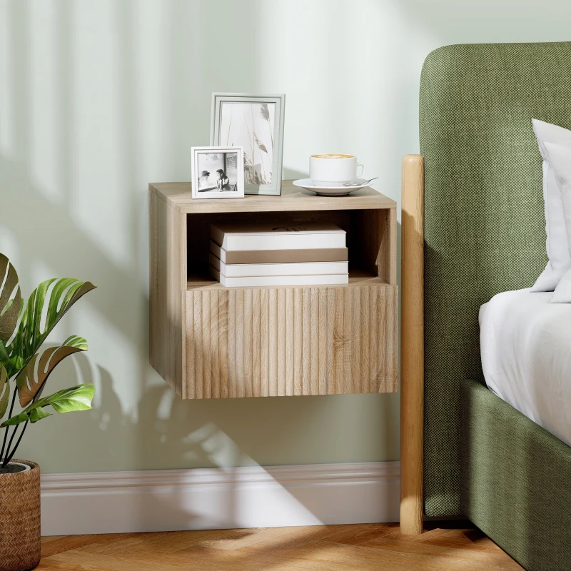Nightstand Handleless Wall-Mounted Drawer & Open Compartment Light Brown - Image 2