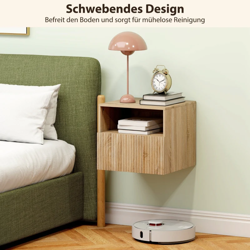 Nightstand Handleless Wall-Mounted Drawer & Open Compartment Light Brown - Image 4