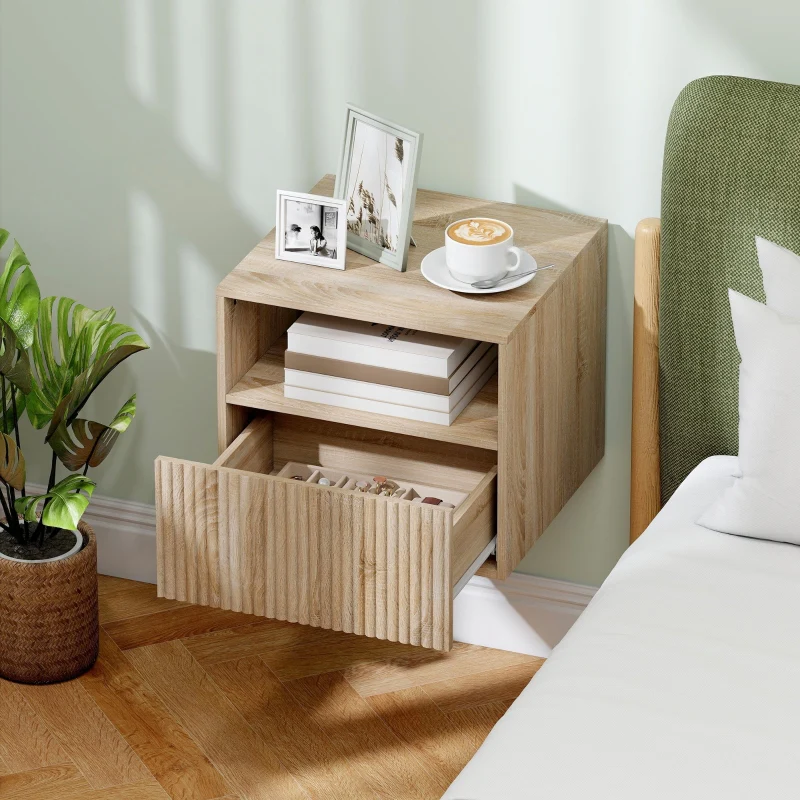 Nightstand Handleless Wall-Mounted Drawer & Open Compartment Light Brown - Image 5