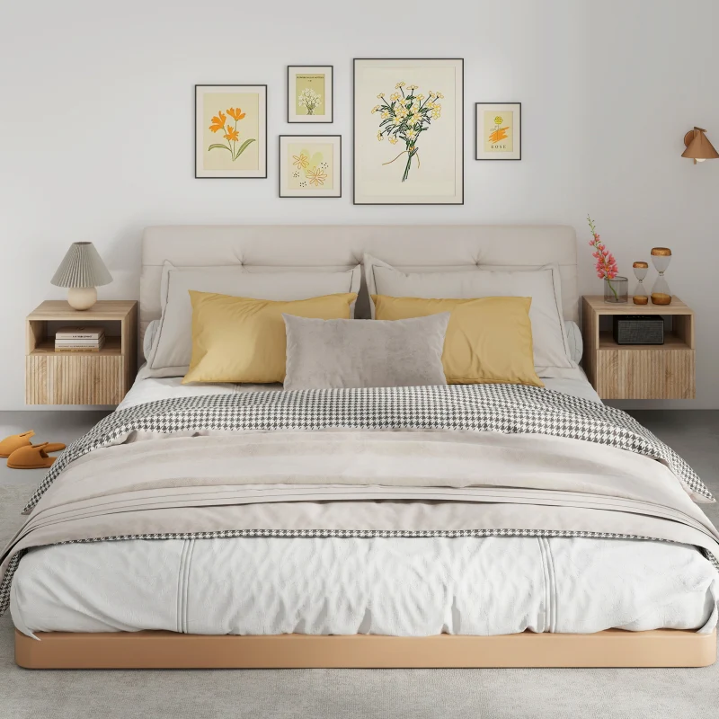 Nightstand Handleless Wall-Mounted Drawer & Open Compartment Light Brown - Image 7