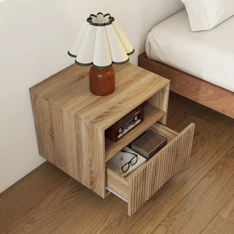 Nightstand Handleless Wall-Mounted Drawer & Open Compartment Light Brown - Image 8