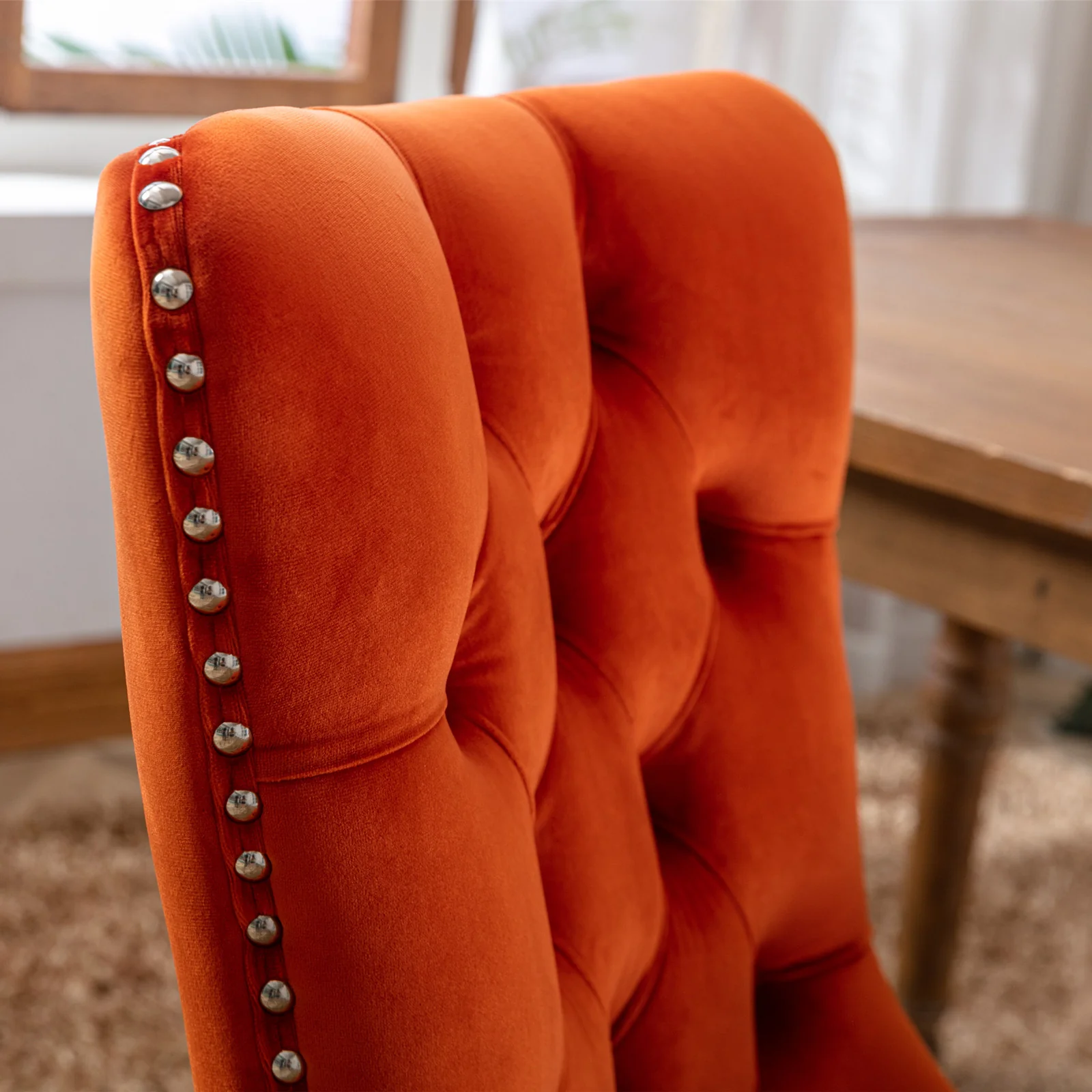 Nikki Collection Dining Chair Tufted Velvet Upholstered Solid Wood Legs 2-Pcs Set Orange - Image 8