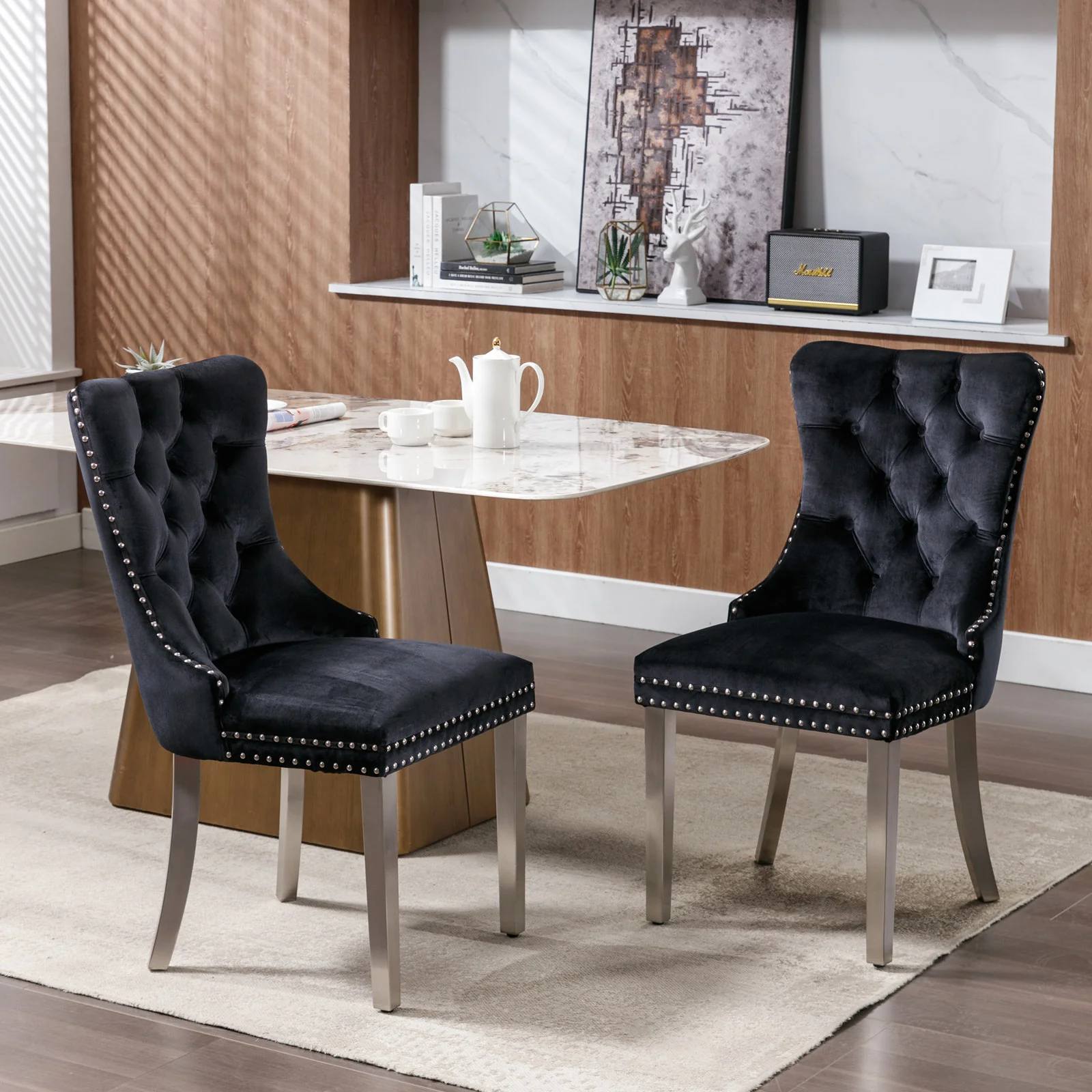Nikki Collection Modern Tufted Velvet Dining Chair Set of 2 Chrome Legs - Black/Chrome