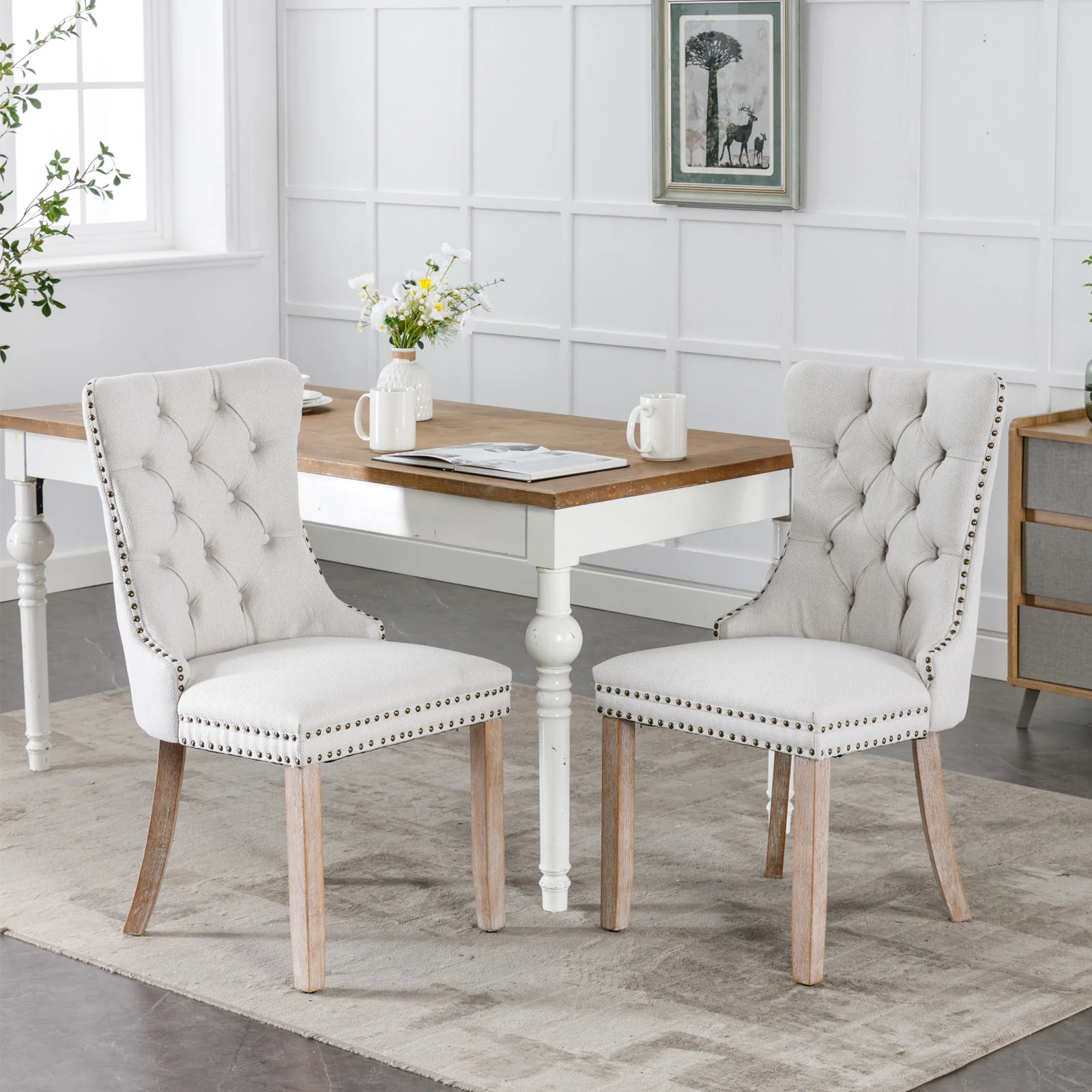 Nikki Collection Tufted Linen Dining Chair Nailhead Trim Wood Legs 2-Pcs Set - Beige