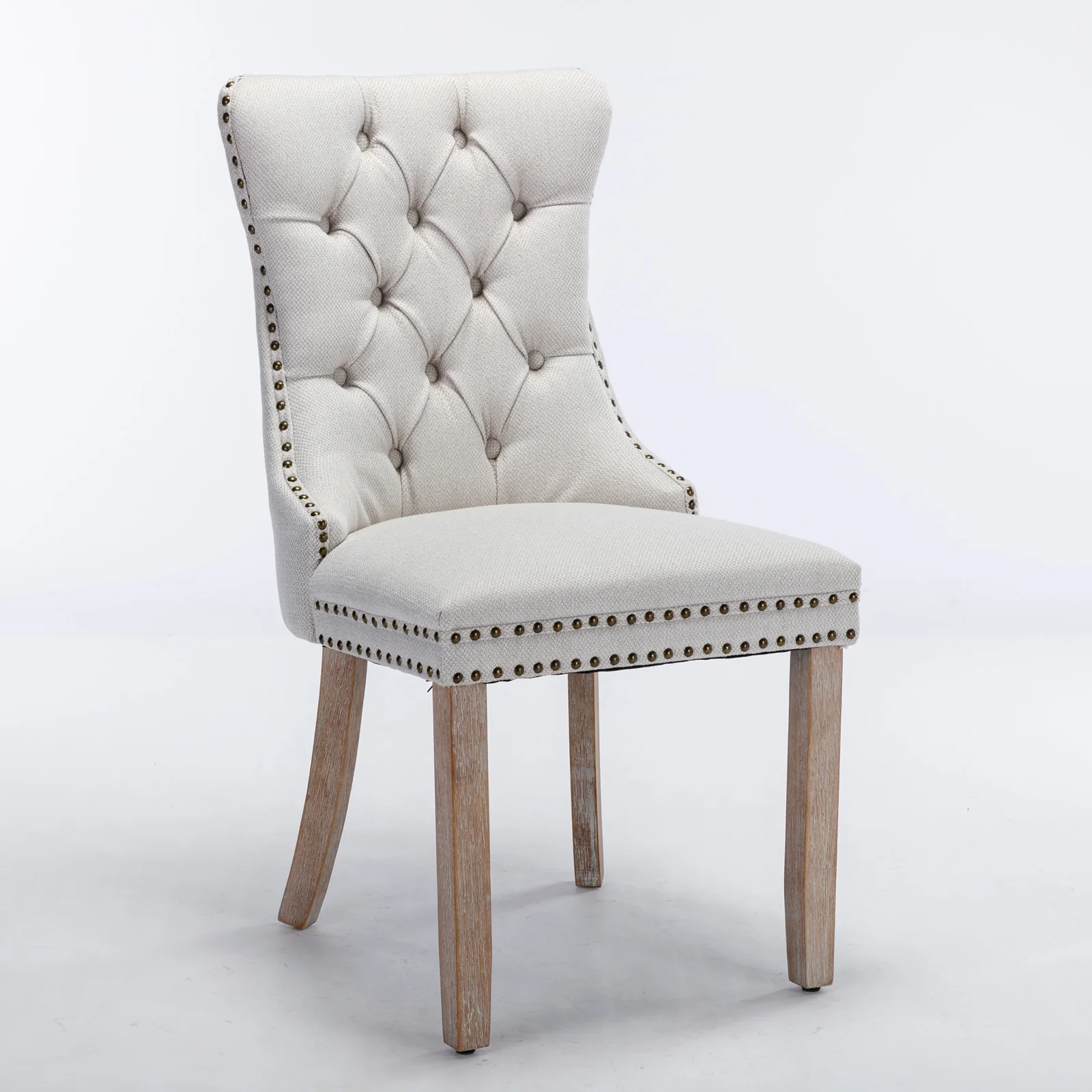 Nikki Collection Tufted Linen Dining Chair Nailhead Trim Wood Legs 2-Pcs Set - Beige - Image 3