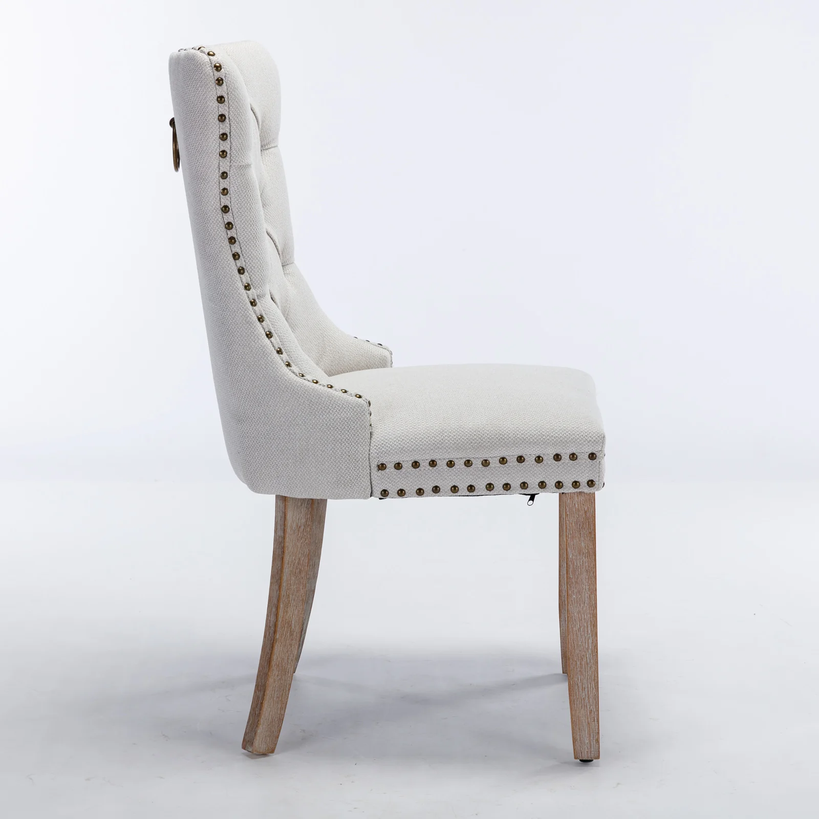 Nikki Collection Tufted Linen Dining Chair Nailhead Trim Wood Legs 2-Pcs Set - Beige - Image 4