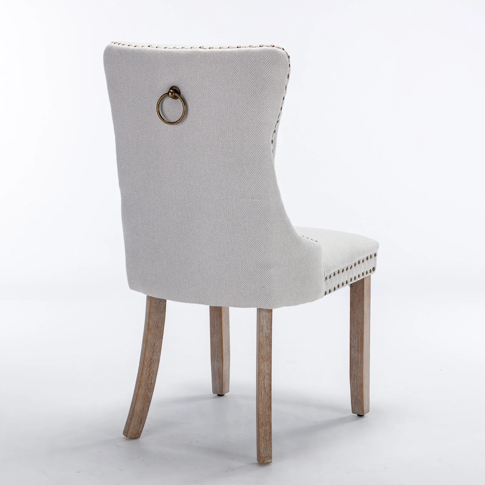 Nikki Collection Tufted Linen Dining Chair Nailhead Trim Wood Legs 2-Pcs Set - Beige - Image 5