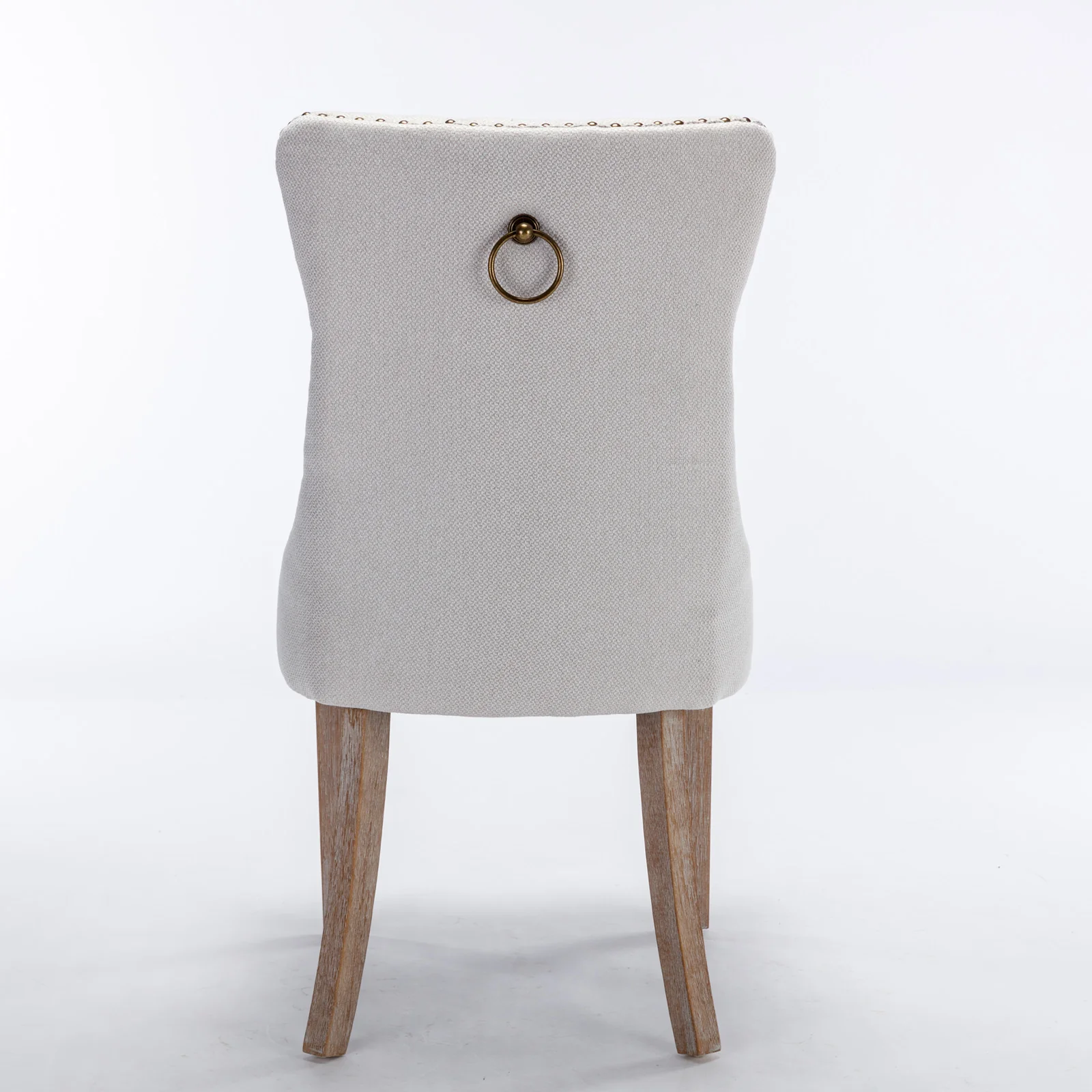 Nikki Collection Tufted Linen Dining Chair Nailhead Trim Wood Legs 2-Pcs Set - Beige - Image 6