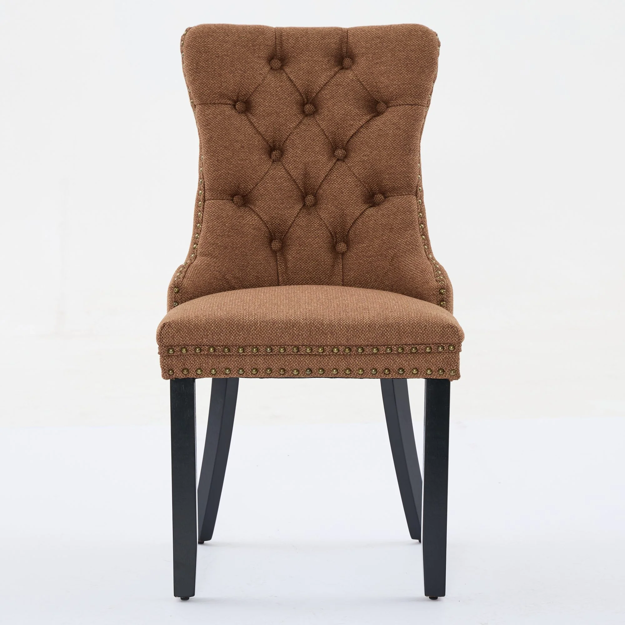 Nikki Collection Tufted Linen Dining Chair Solid Wood Nailhead Trim 2-Pcs Set - Coffee Color - Image 2