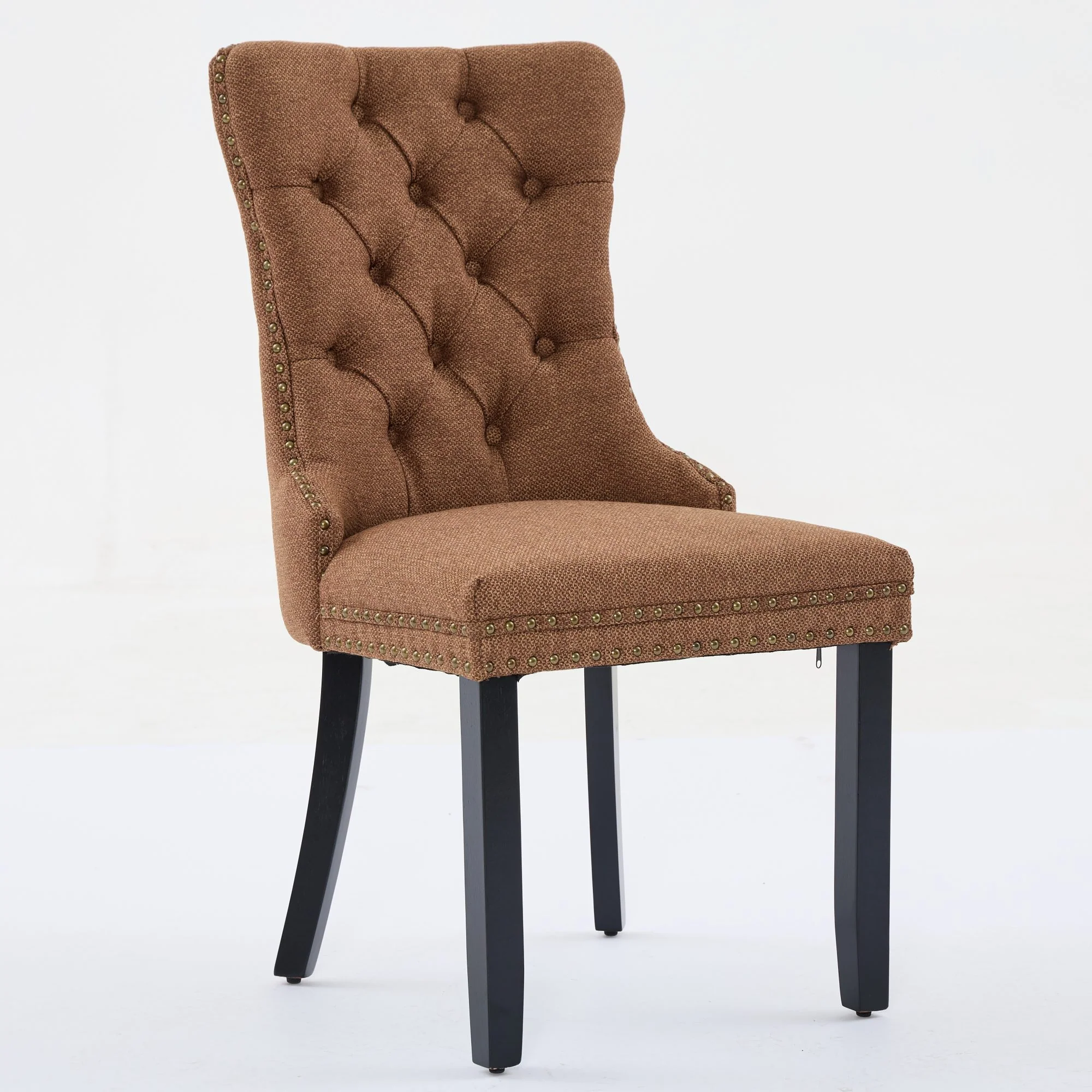 Nikki Collection Tufted Linen Dining Chair Solid Wood Nailhead Trim 2-Pcs Set - Coffee Color - Image 3