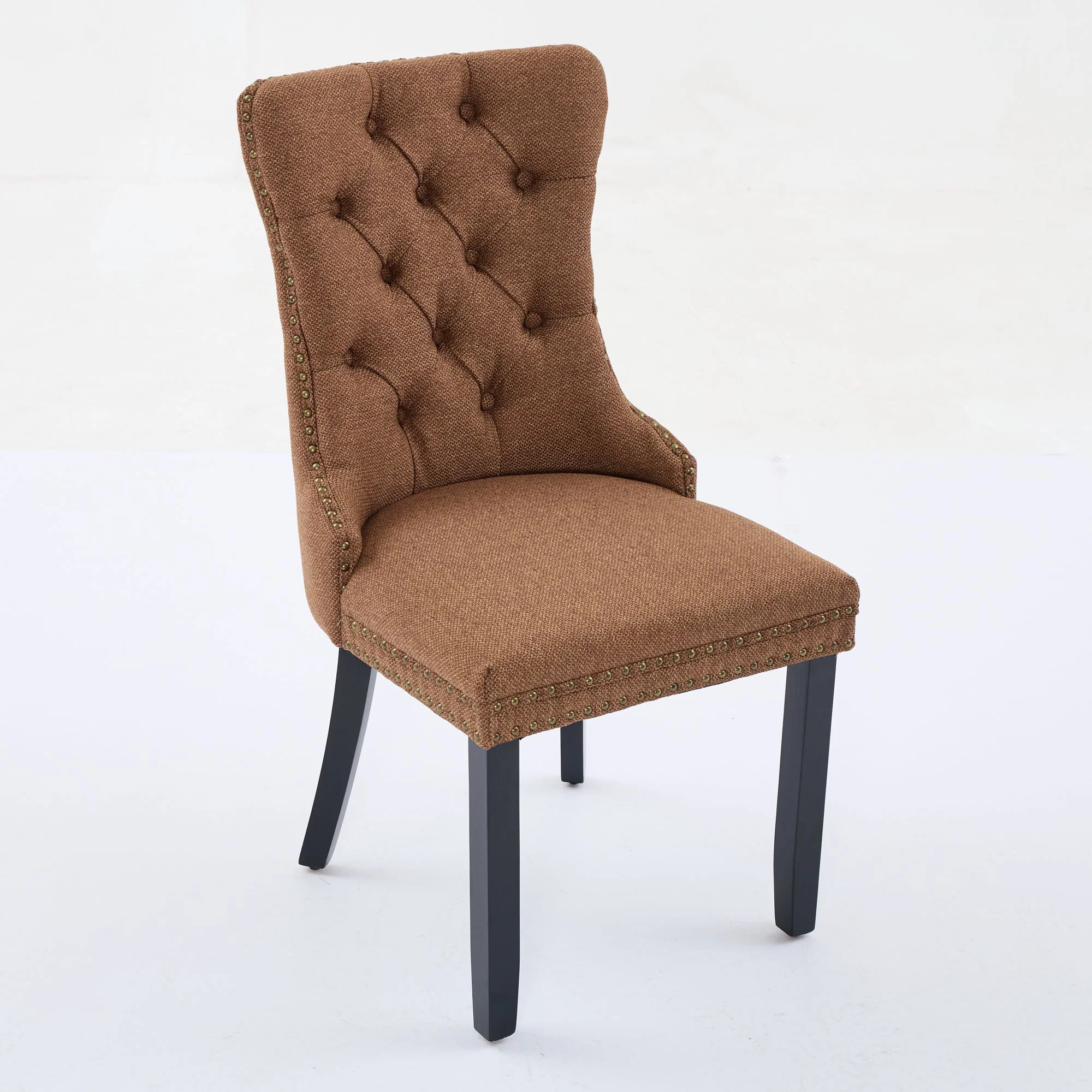 Nikki Collection Tufted Linen Dining Chair Solid Wood Nailhead Trim 2-Pcs Set - Coffee Color - Image 4