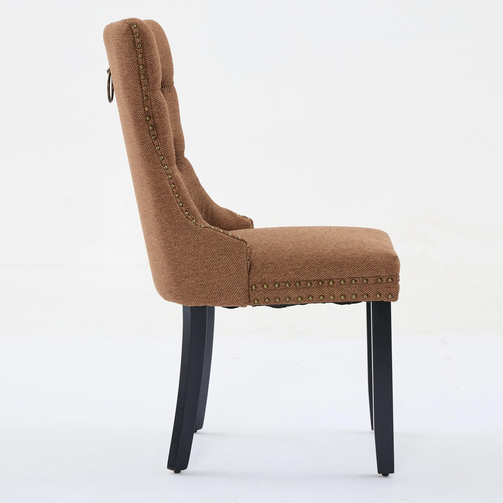 Nikki Collection Tufted Linen Dining Chair Solid Wood Nailhead Trim 2-Pcs Set - Coffee Color - Image 5