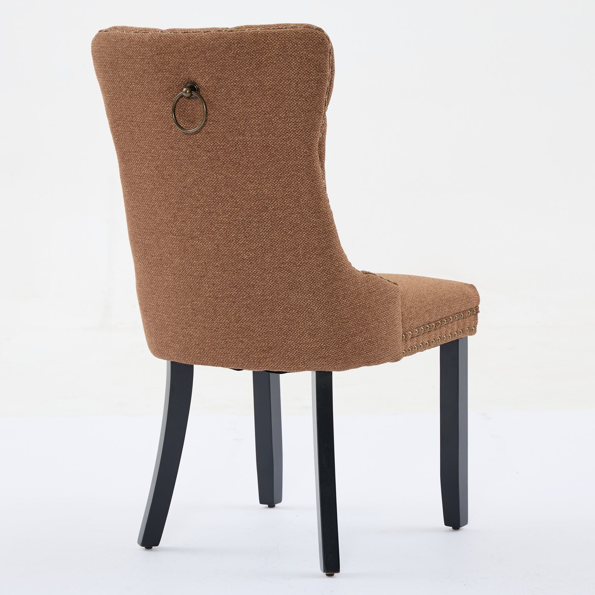 Nikki Collection Tufted Linen Dining Chair Solid Wood Nailhead Trim 2-Pcs Set - Coffee Color - Image 6