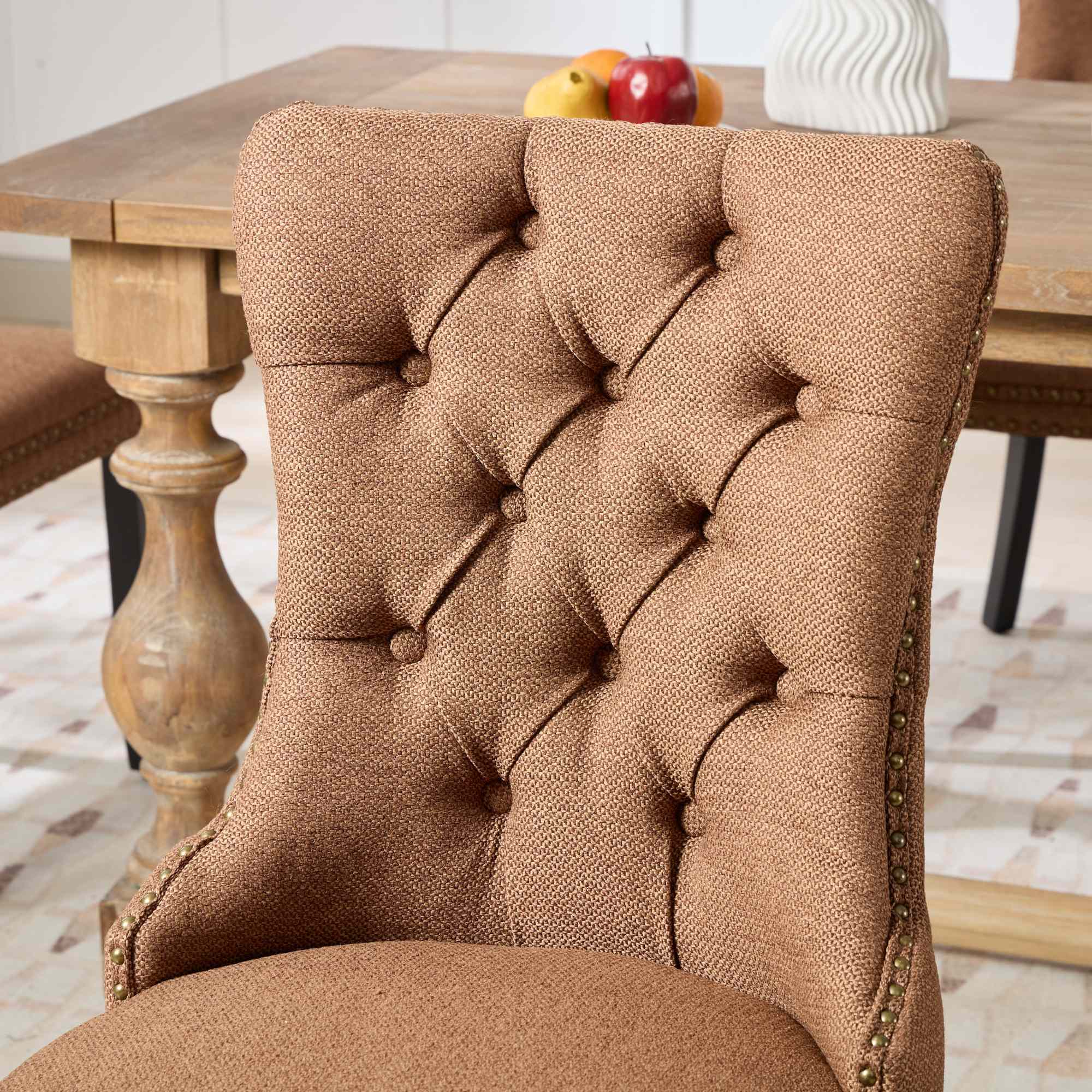 Nikki Collection Tufted Linen Dining Chair Solid Wood Nailhead Trim 2-Pcs Set - Coffee Color - Image 9