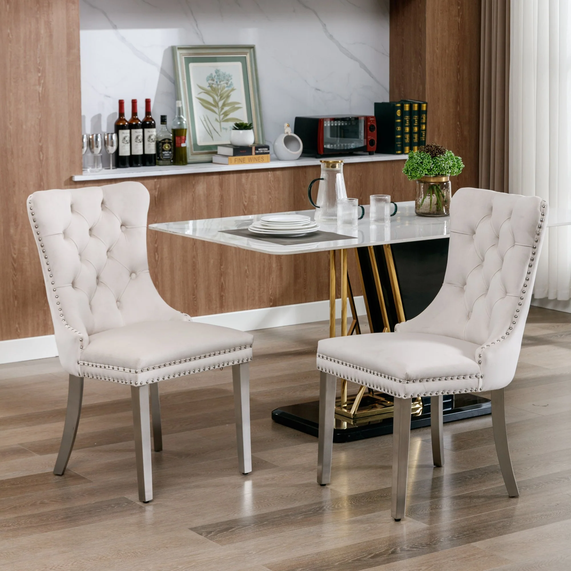 Nikki Collection Tufted Velvet Dining Chair Set of 2 Chrome Legs - Beige/Chrome