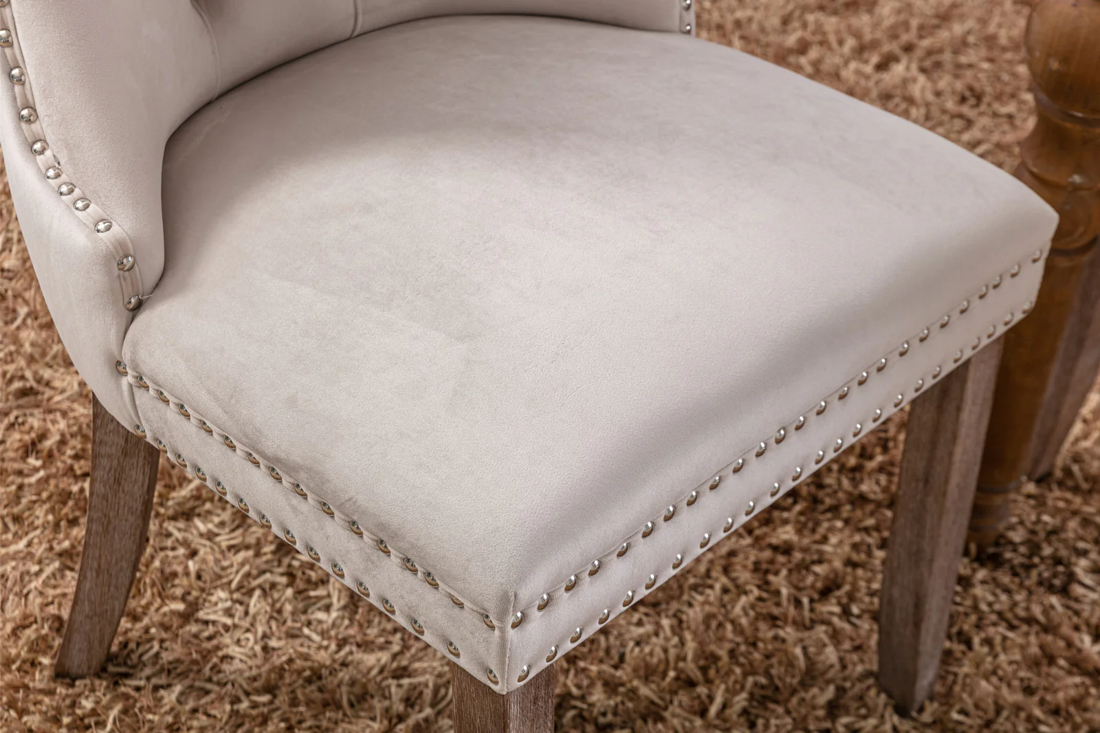 Nikki Collection Tufted Velvet Upholstered Dining Chair Wood Legs Nailhead Trim 2-Pcs Set - Beige - Image 10