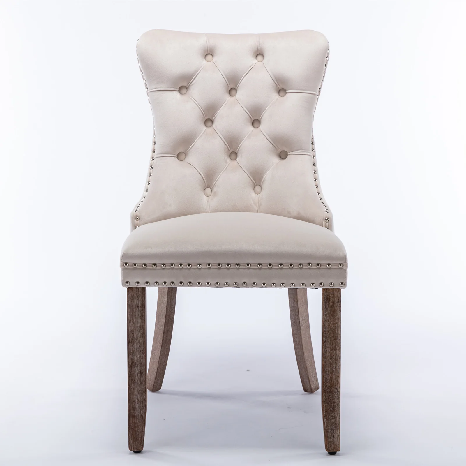Nikki Collection Tufted Velvet Upholstered Dining Chair Wood Legs Nailhead Trim 2-Pcs Set - Beige - Image 2