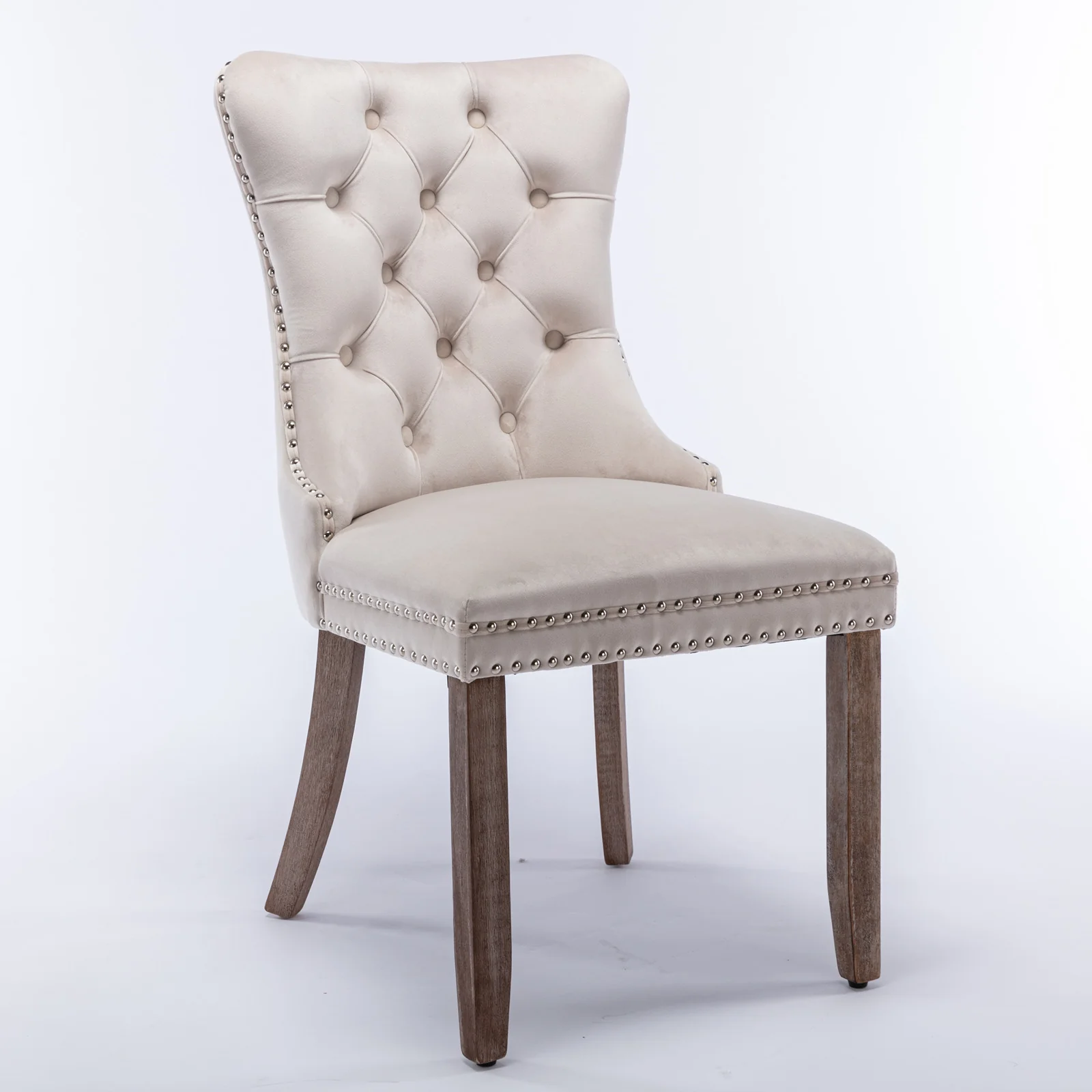Nikki Collection Tufted Velvet Upholstered Dining Chair Wood Legs Nailhead Trim 2-Pcs Set - Beige - Image 3